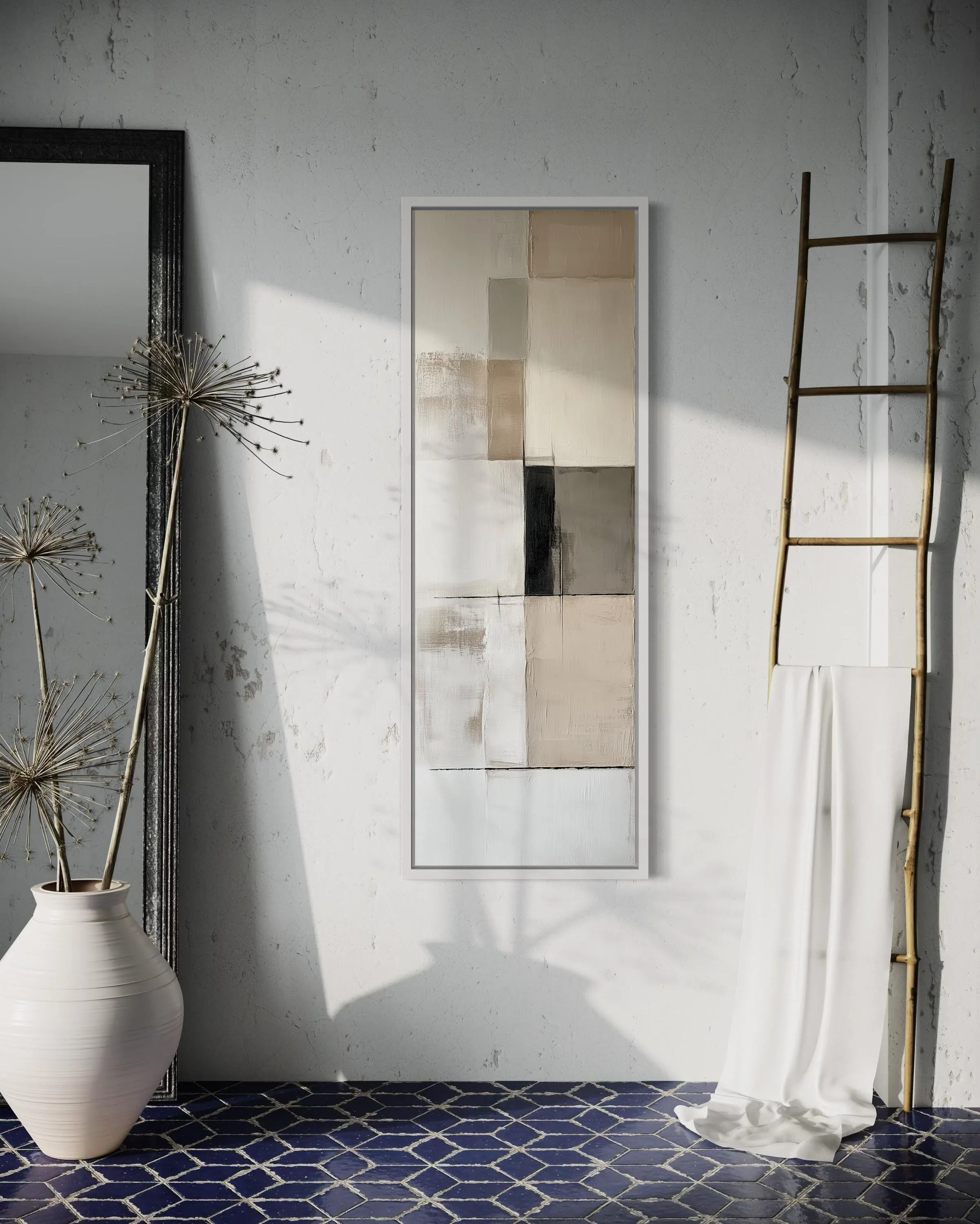 Vertical Abstract Neutral Geometric Beige Black And White Wall Art
