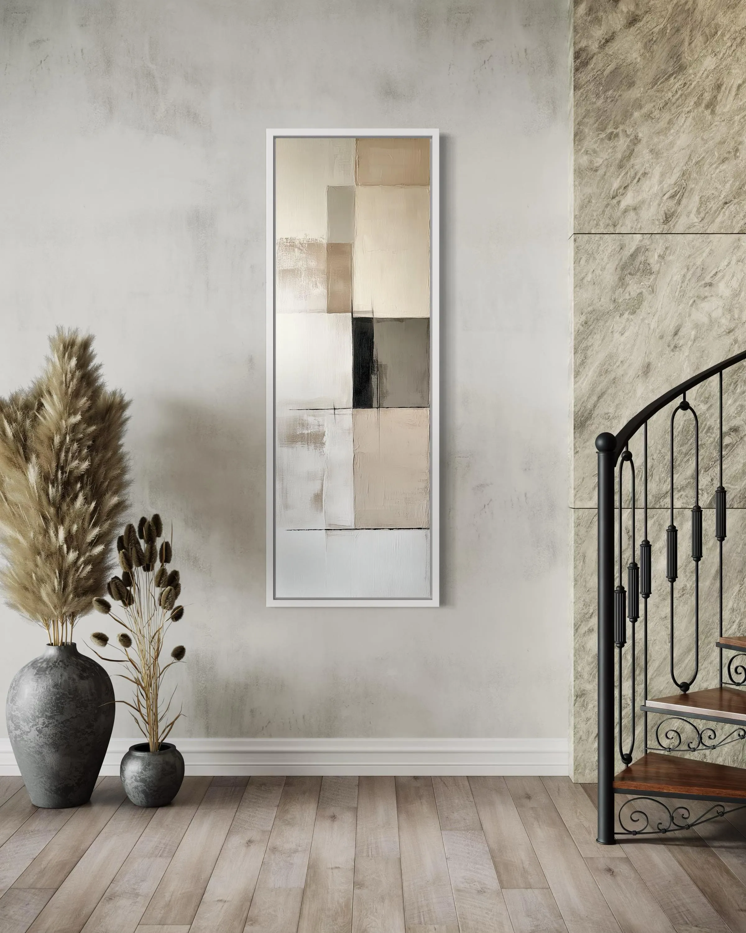 Vertical Abstract Neutral Geometric Beige Black And White Wall Art