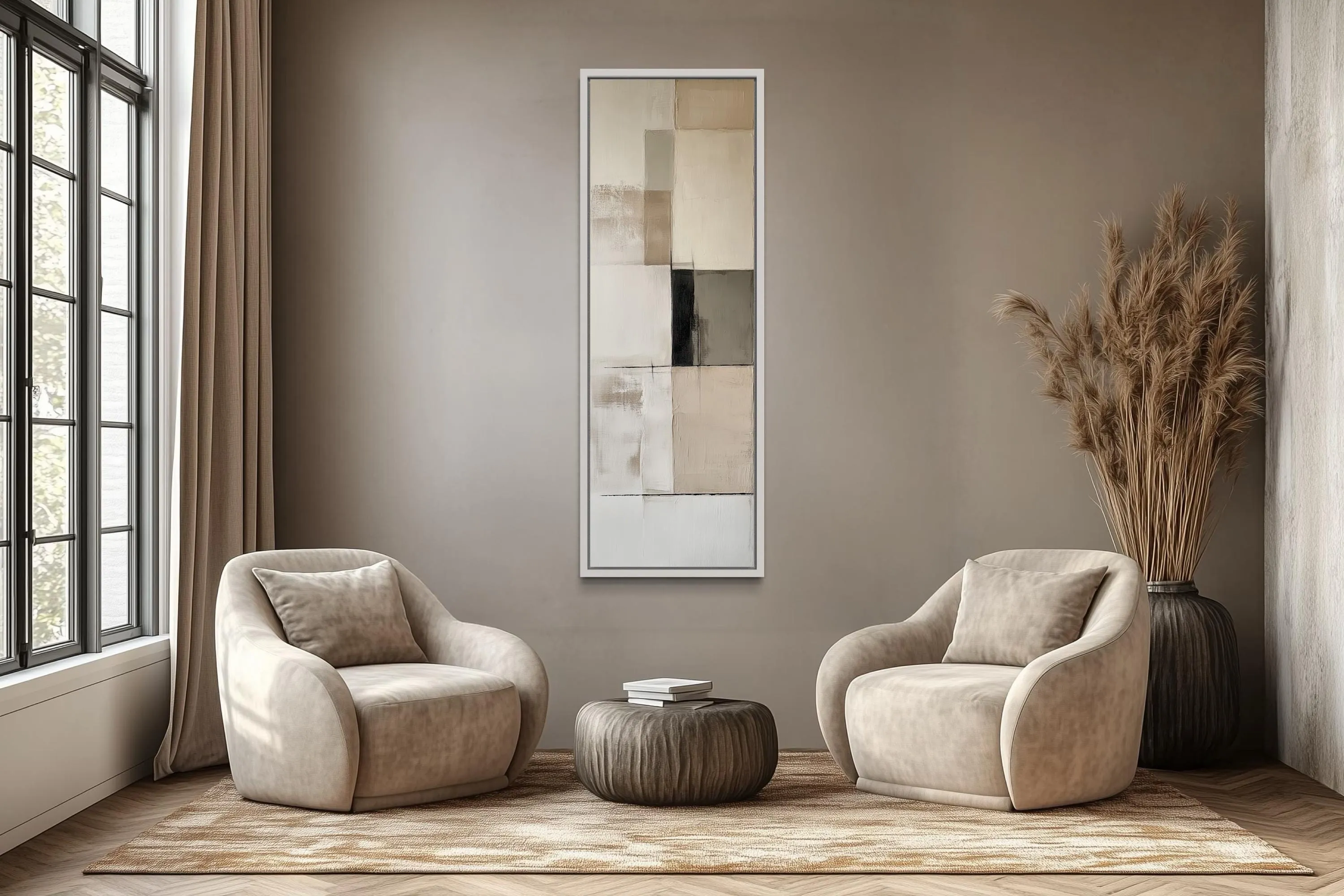 Vertical Abstract Neutral Geometric Beige Black And White Wall Art