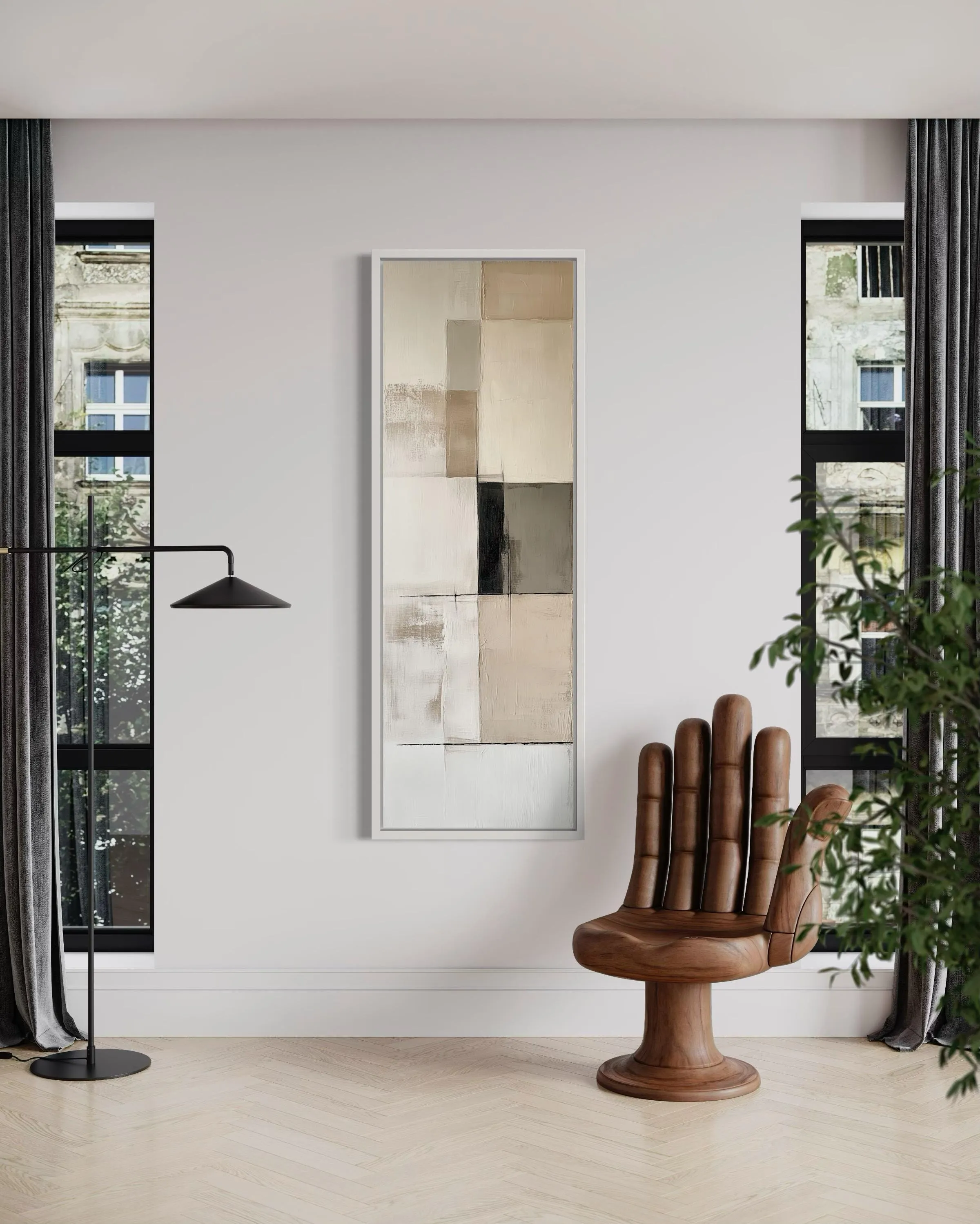 Vertical Abstract Neutral Geometric Beige Black And White Wall Art
