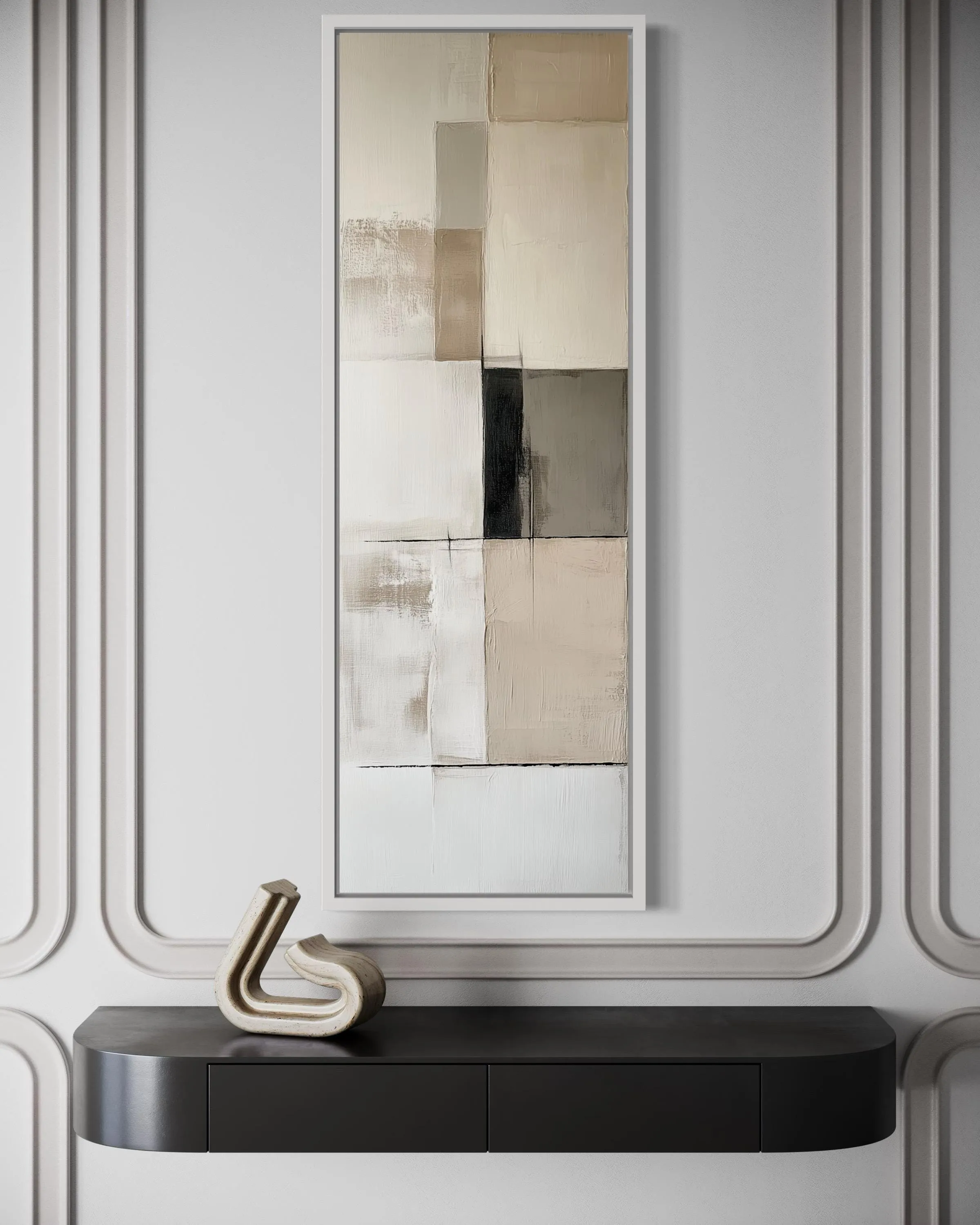 Vertical Abstract Neutral Geometric Beige Black And White Wall Art