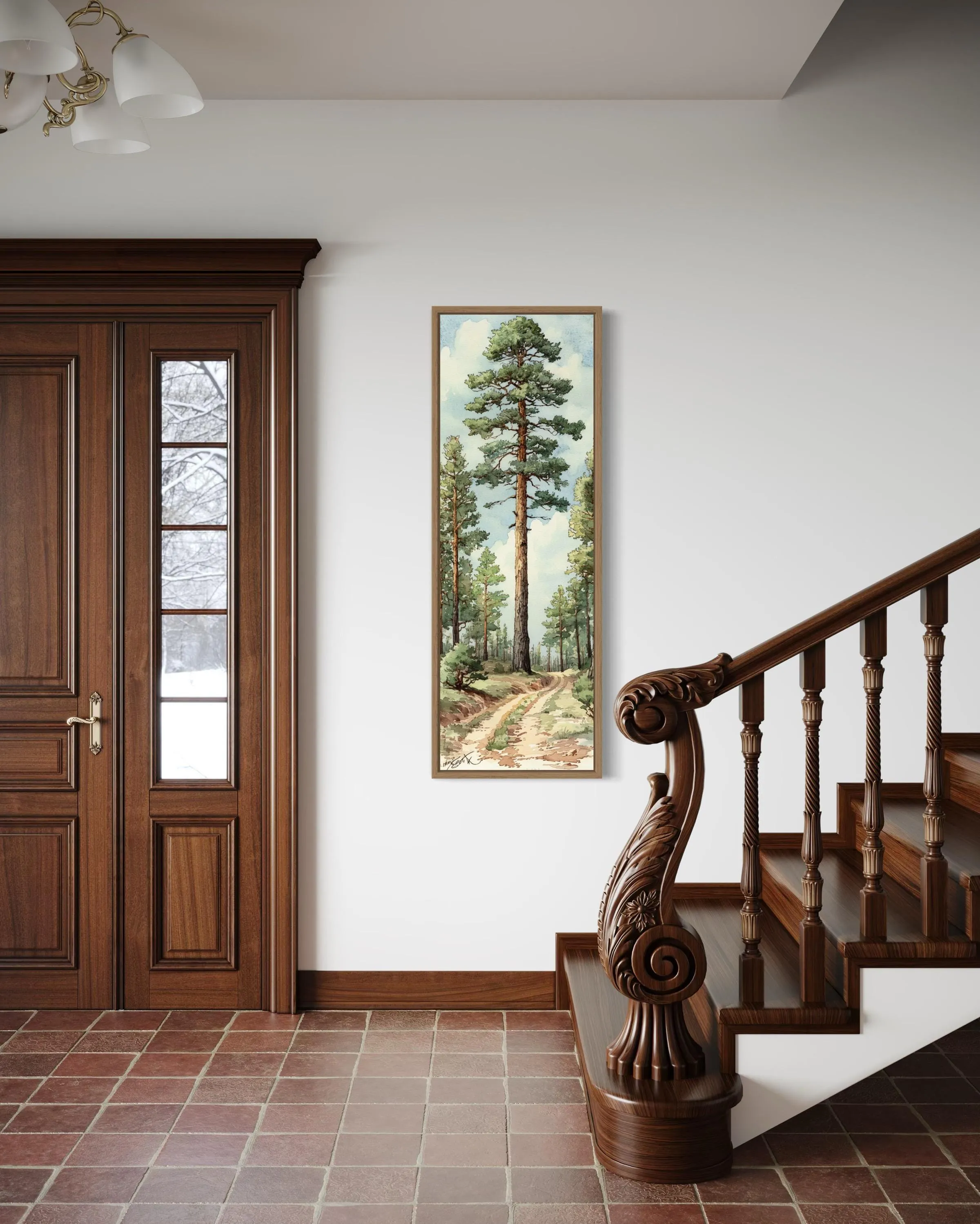 Vertical Narrow Pine Trees Forest Framed Canvas Wall Art