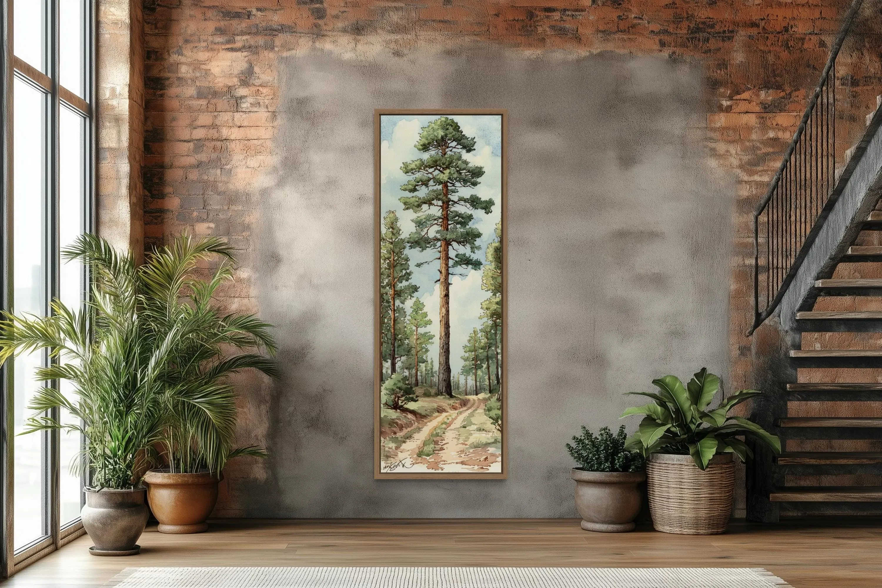 Vertical Narrow Pine Trees Forest Framed Canvas Wall Art