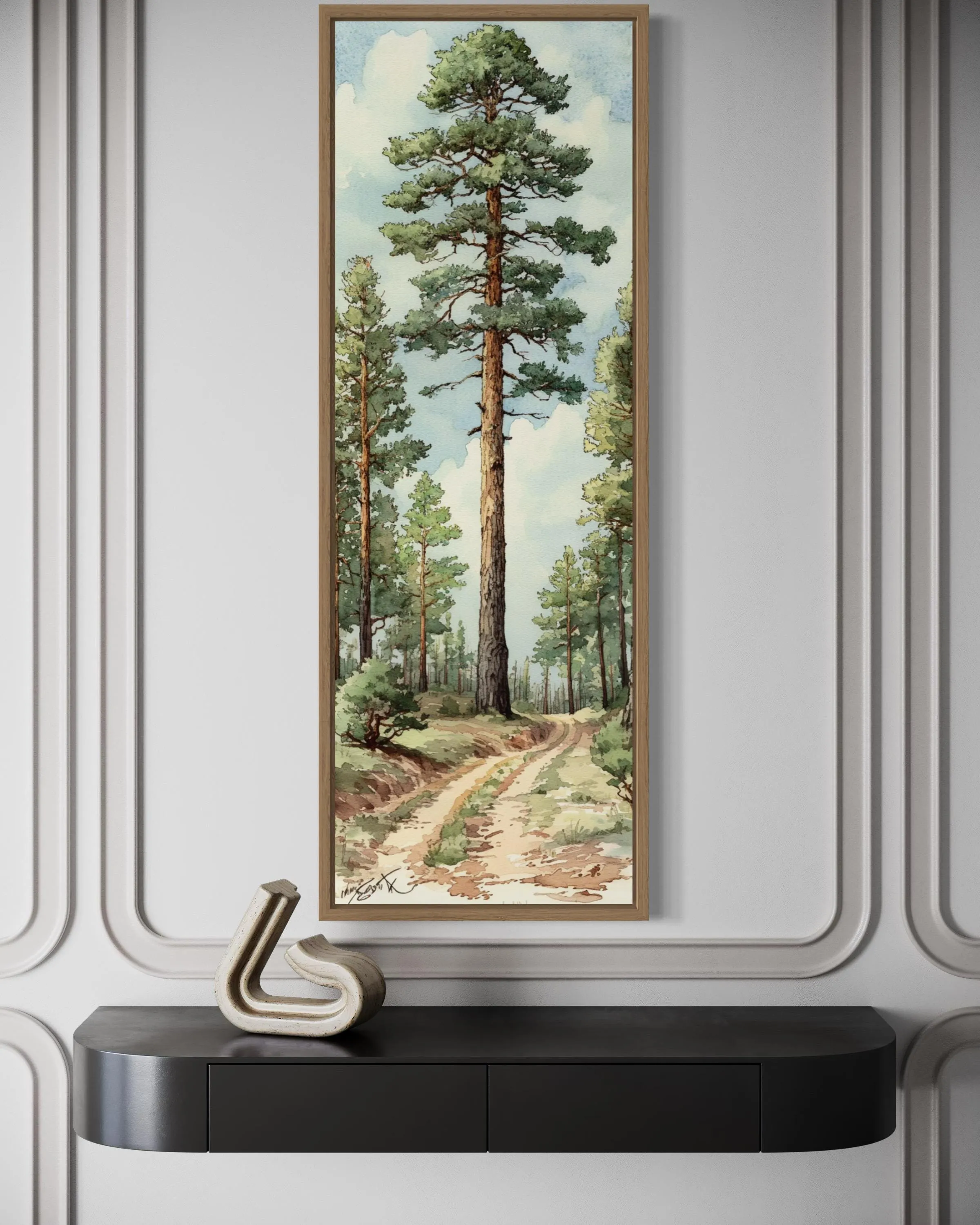 Vertical Narrow Pine Trees Forest Framed Canvas Wall Art
