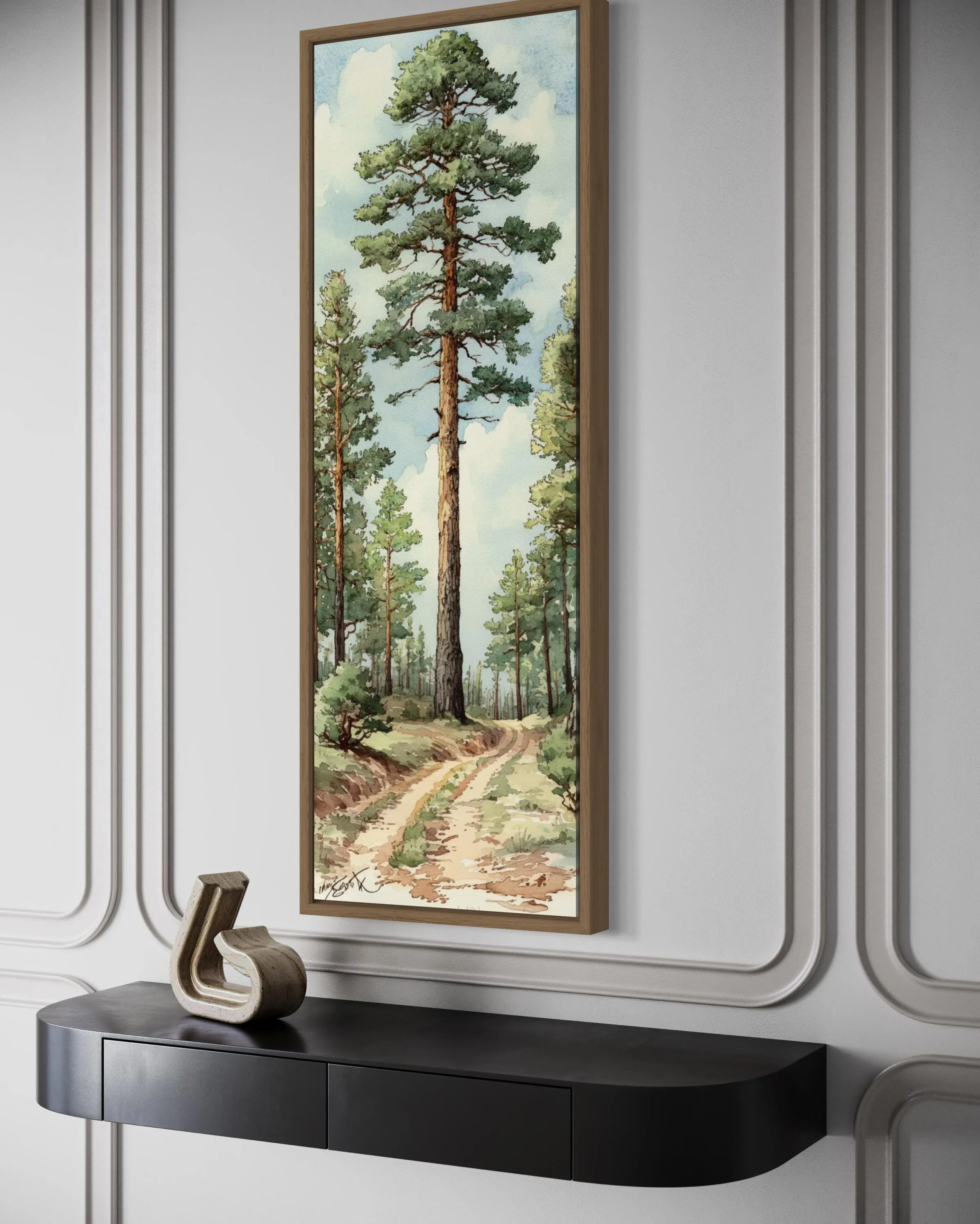 Vertical Narrow Pine Trees Forest Framed Canvas Wall Art