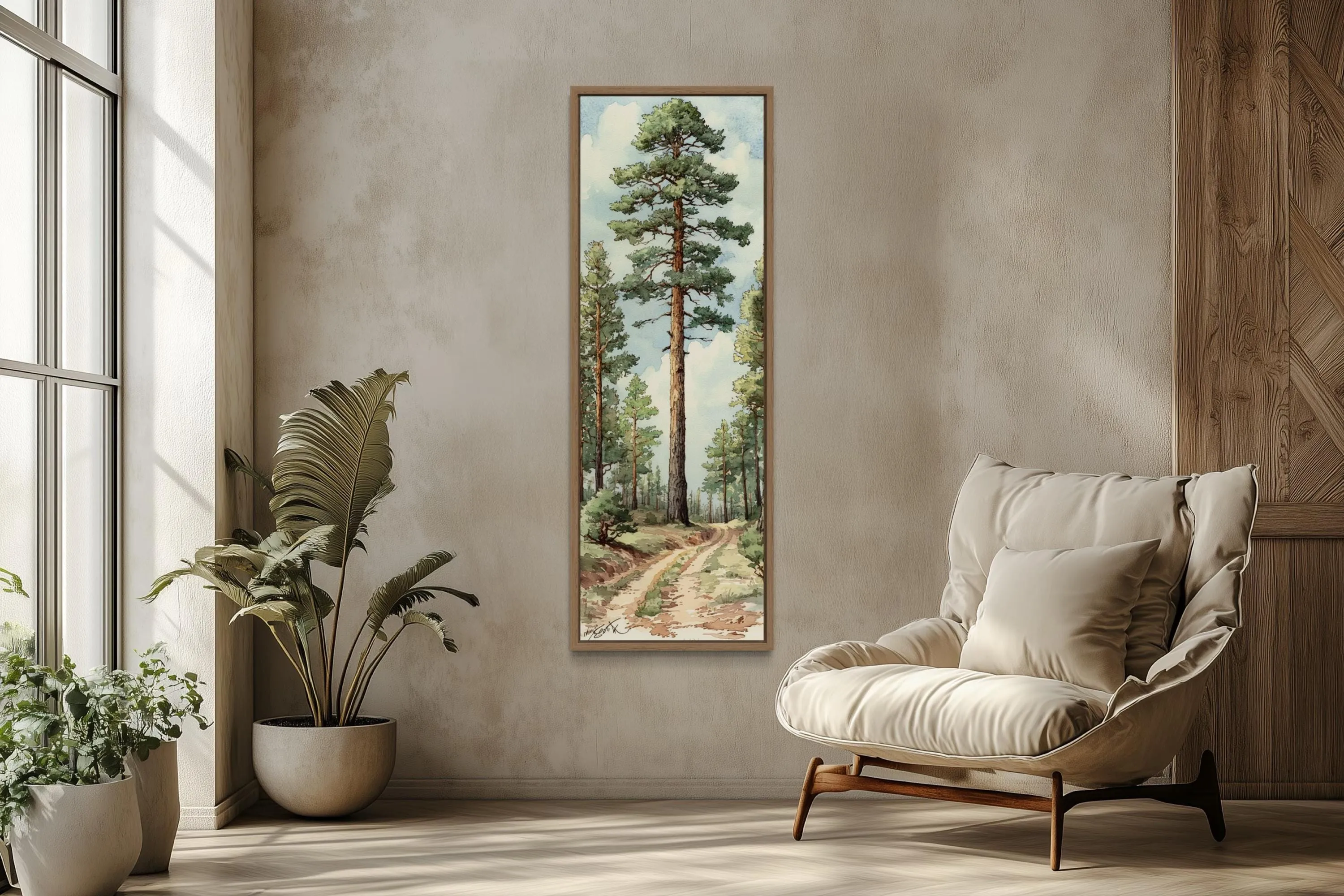 Vertical Narrow Pine Trees Forest Framed Canvas Wall Art