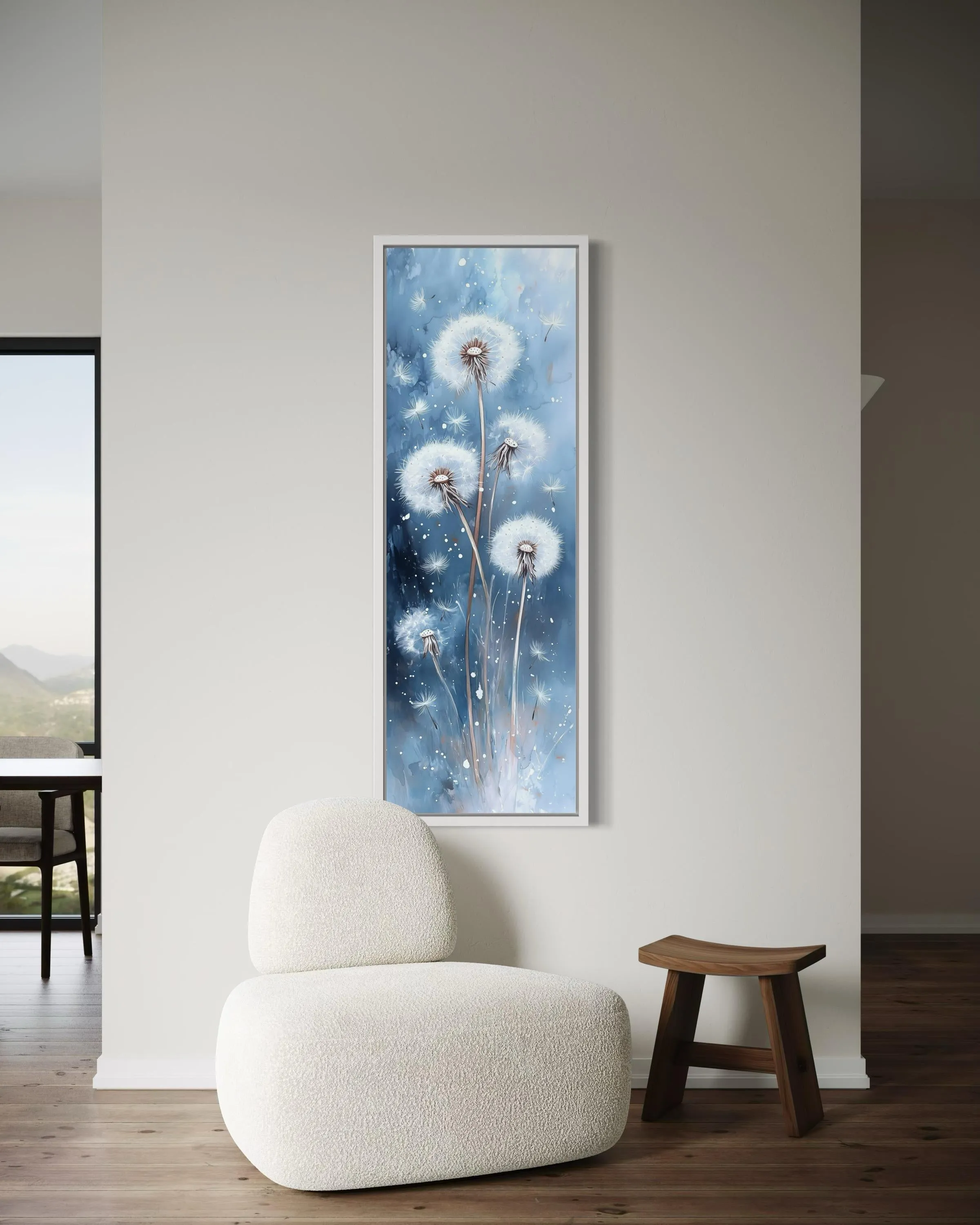 Vertical Soft Dandelions On Blue Background Long Framed Canvas Wall Art