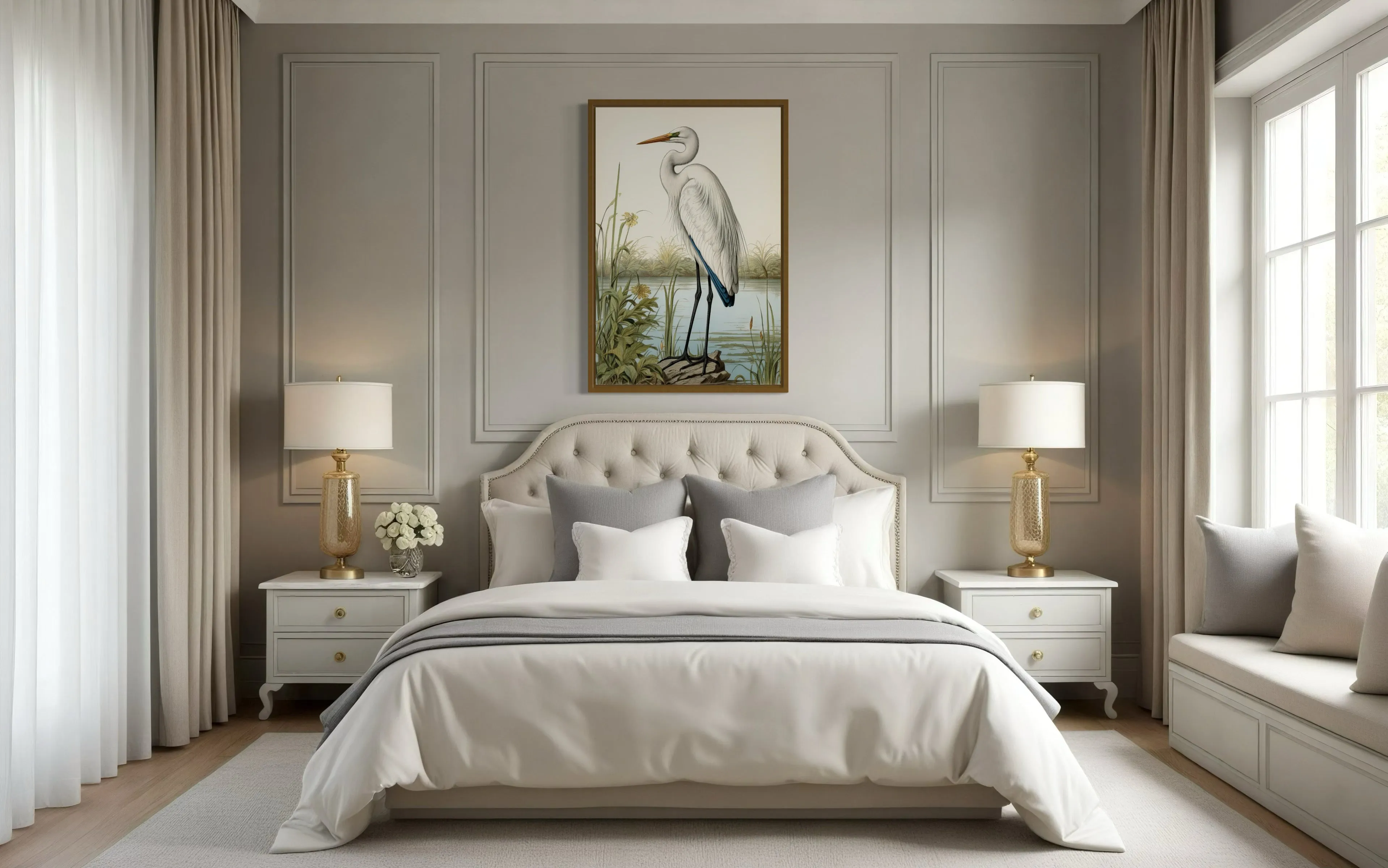 Vintage Great Egret Painting Coastal Birds Framed Canvas Wall Art