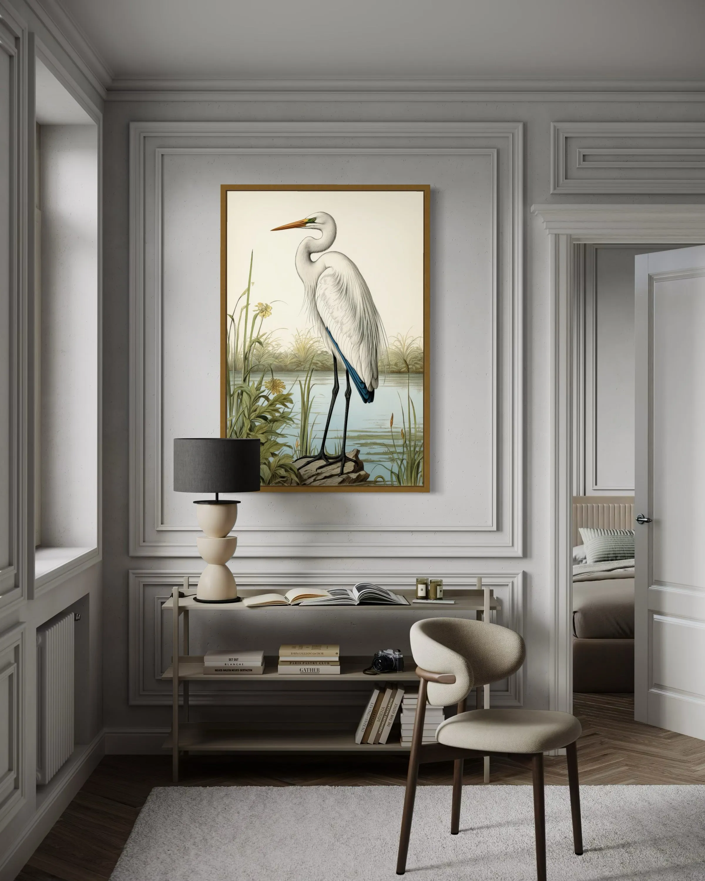 Vintage Great Egret Painting Coastal Birds Framed Canvas Wall Art