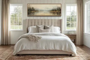 Vintage Neutral Lake Landscape Long Above Bed Horizontal Wall Art
