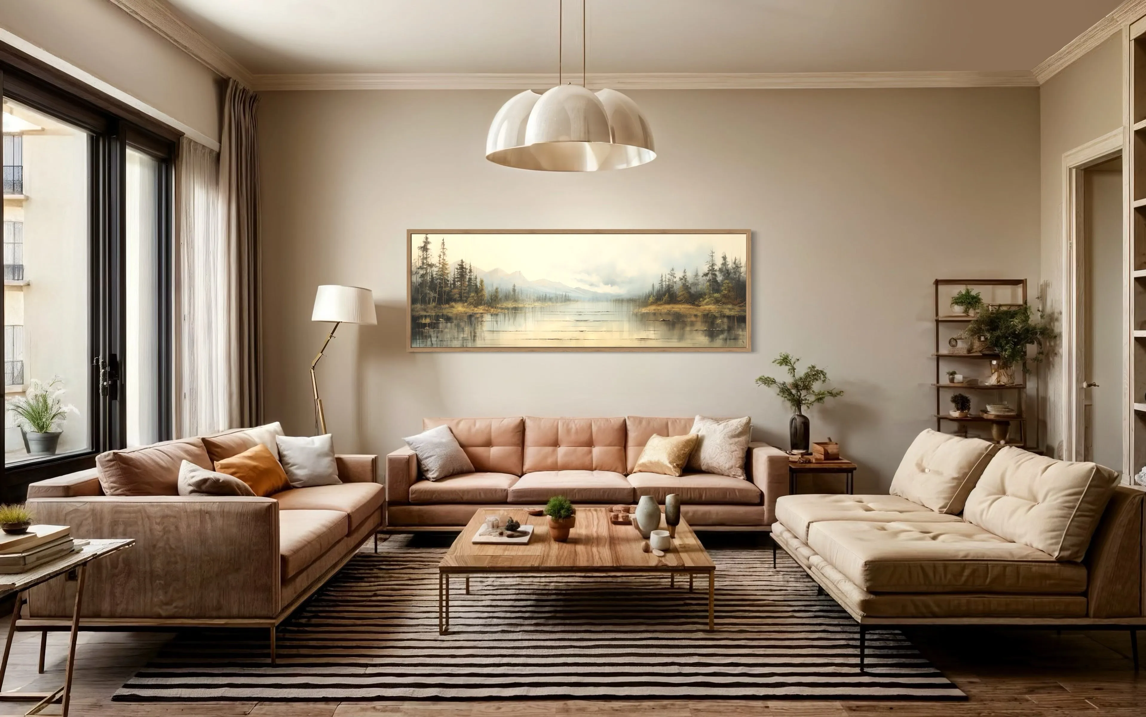 Vintage Neutral Lake Landscape Long Above Bed Horizontal Wall Art