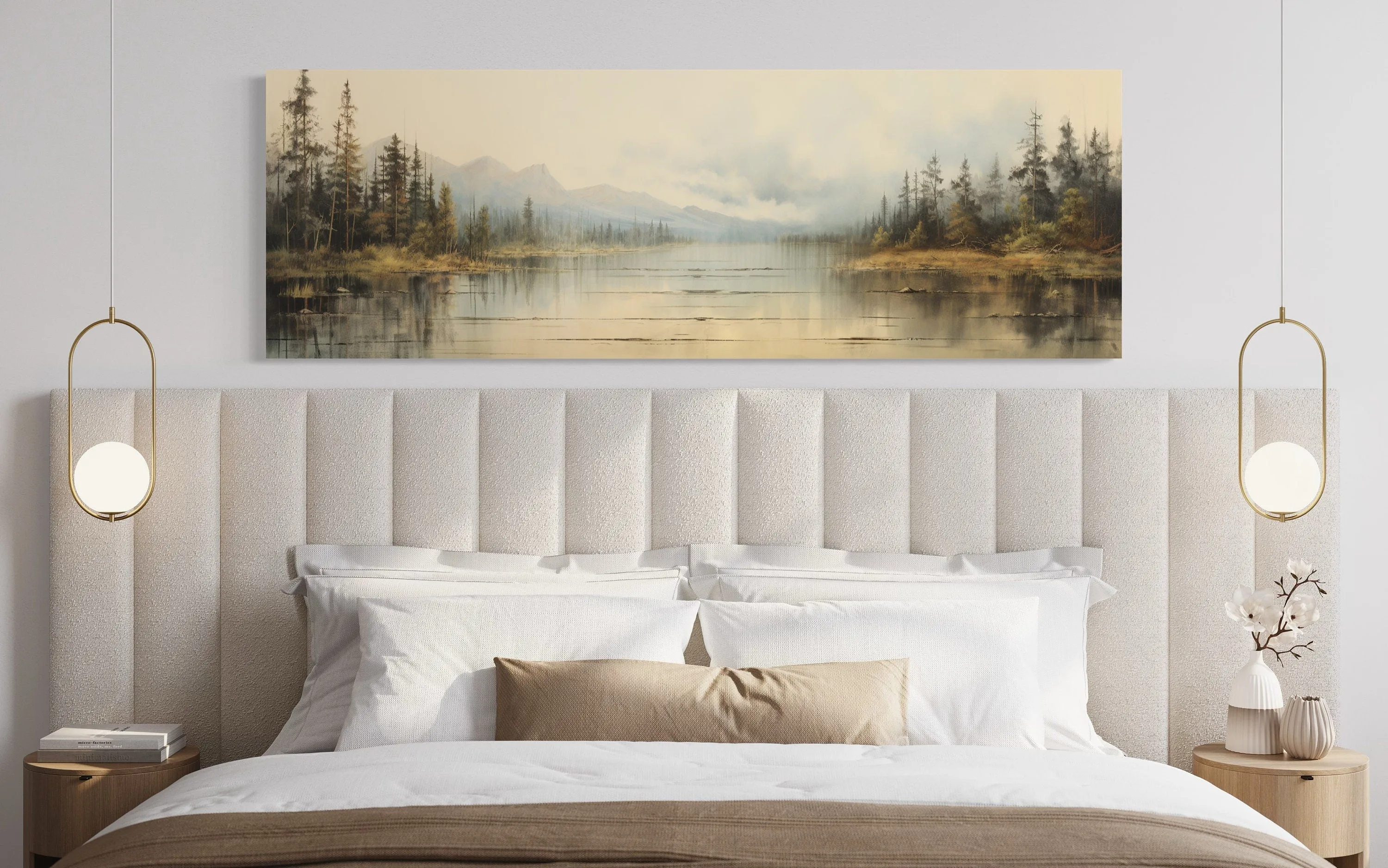 Vintage Neutral Lake Landscape Long Above Bed Horizontal Wall Art