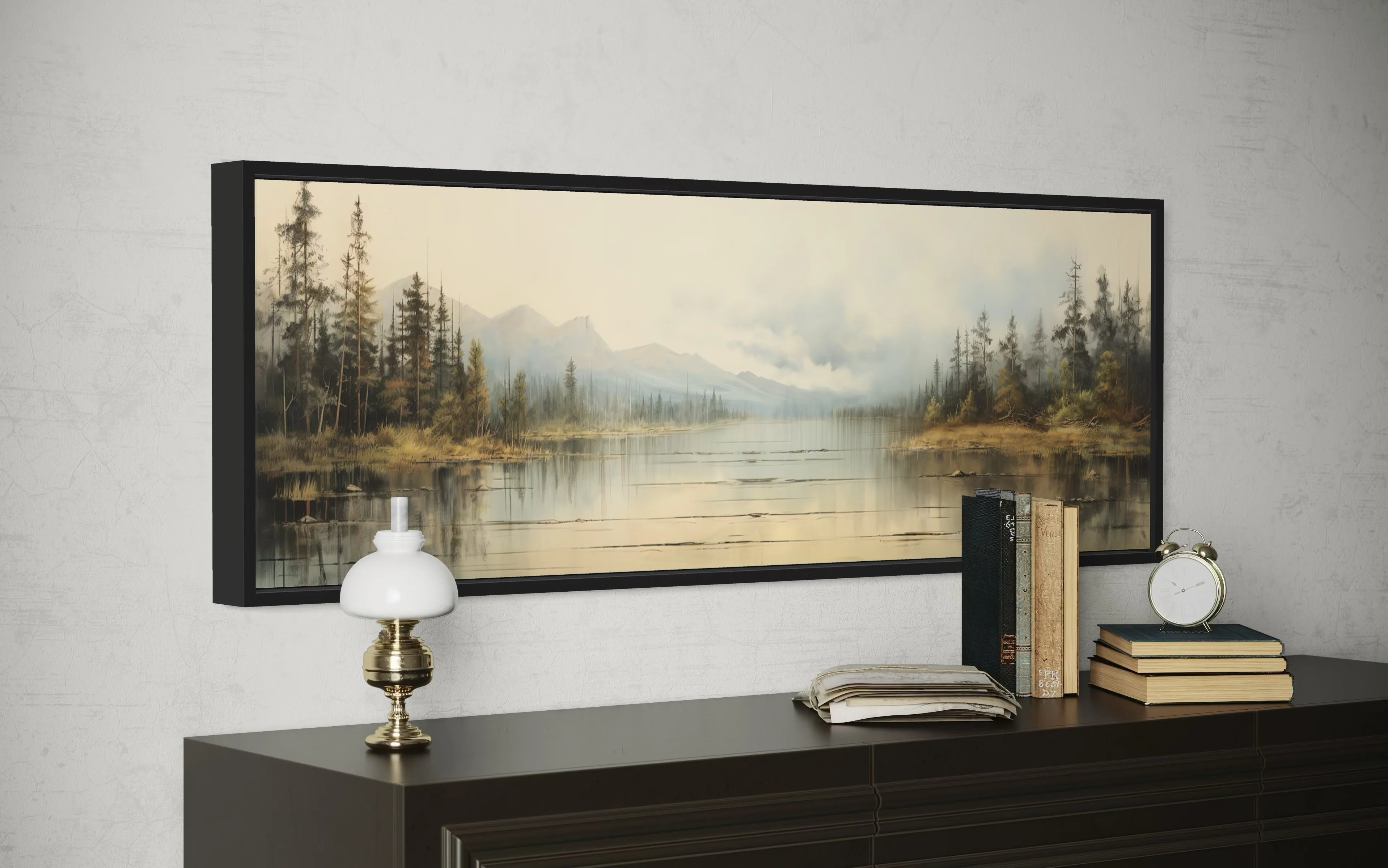 Vintage Neutral Lake Landscape Long Above Bed Horizontal Wall Art
