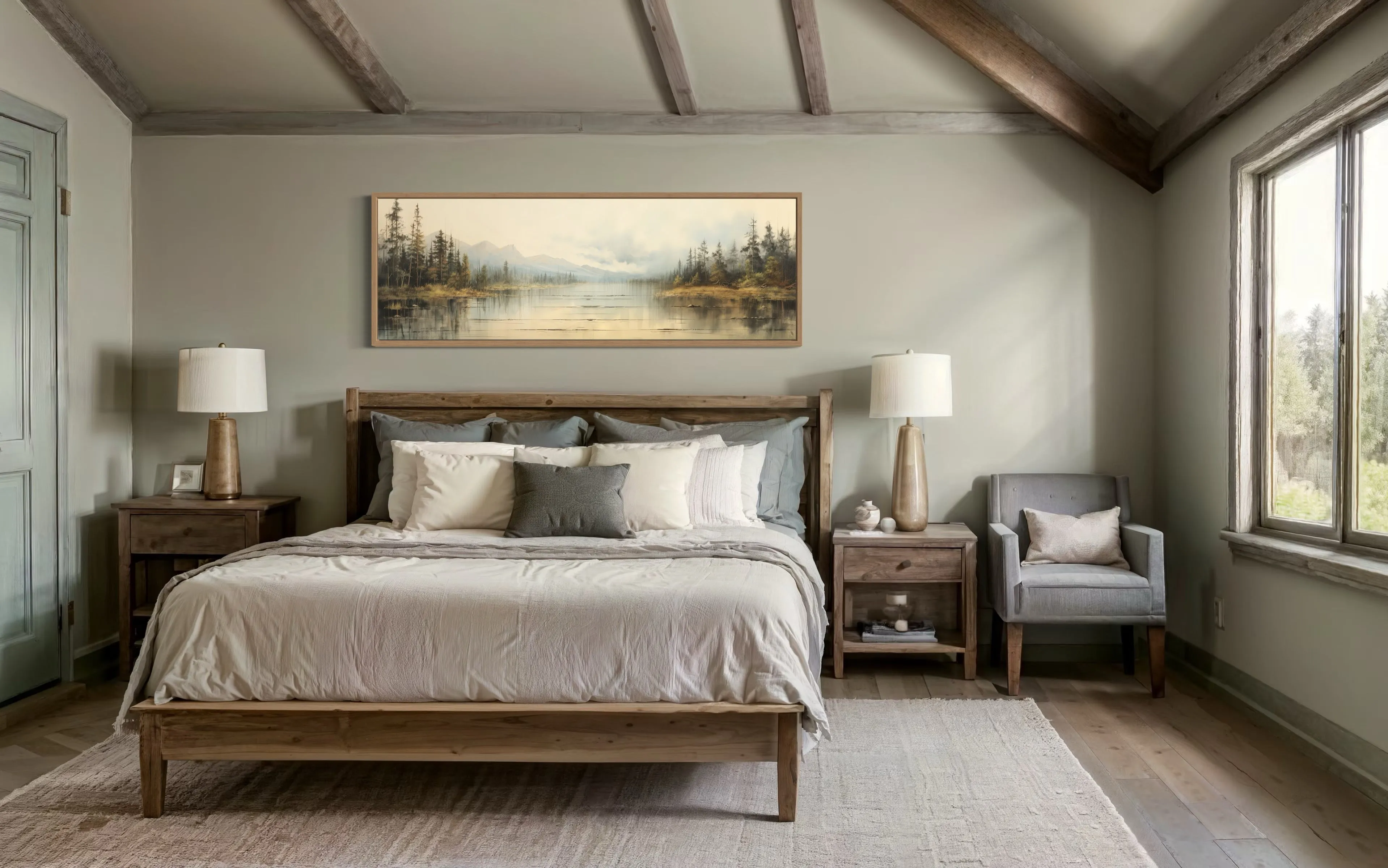 Vintage Neutral Lake Landscape Long Above Bed Horizontal Wall Art