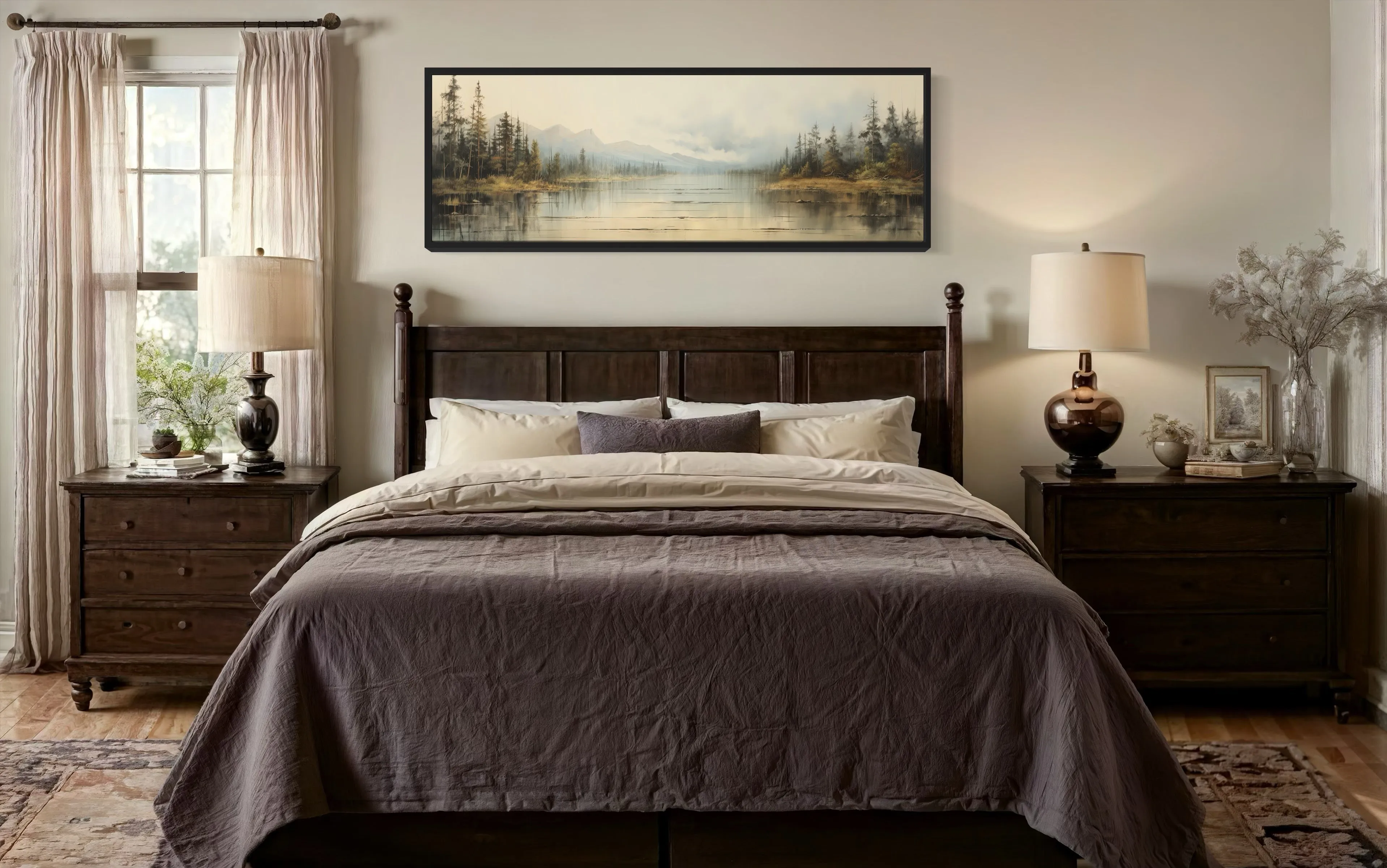 Vintage Neutral Lake Landscape Long Above Bed Horizontal Wall Art