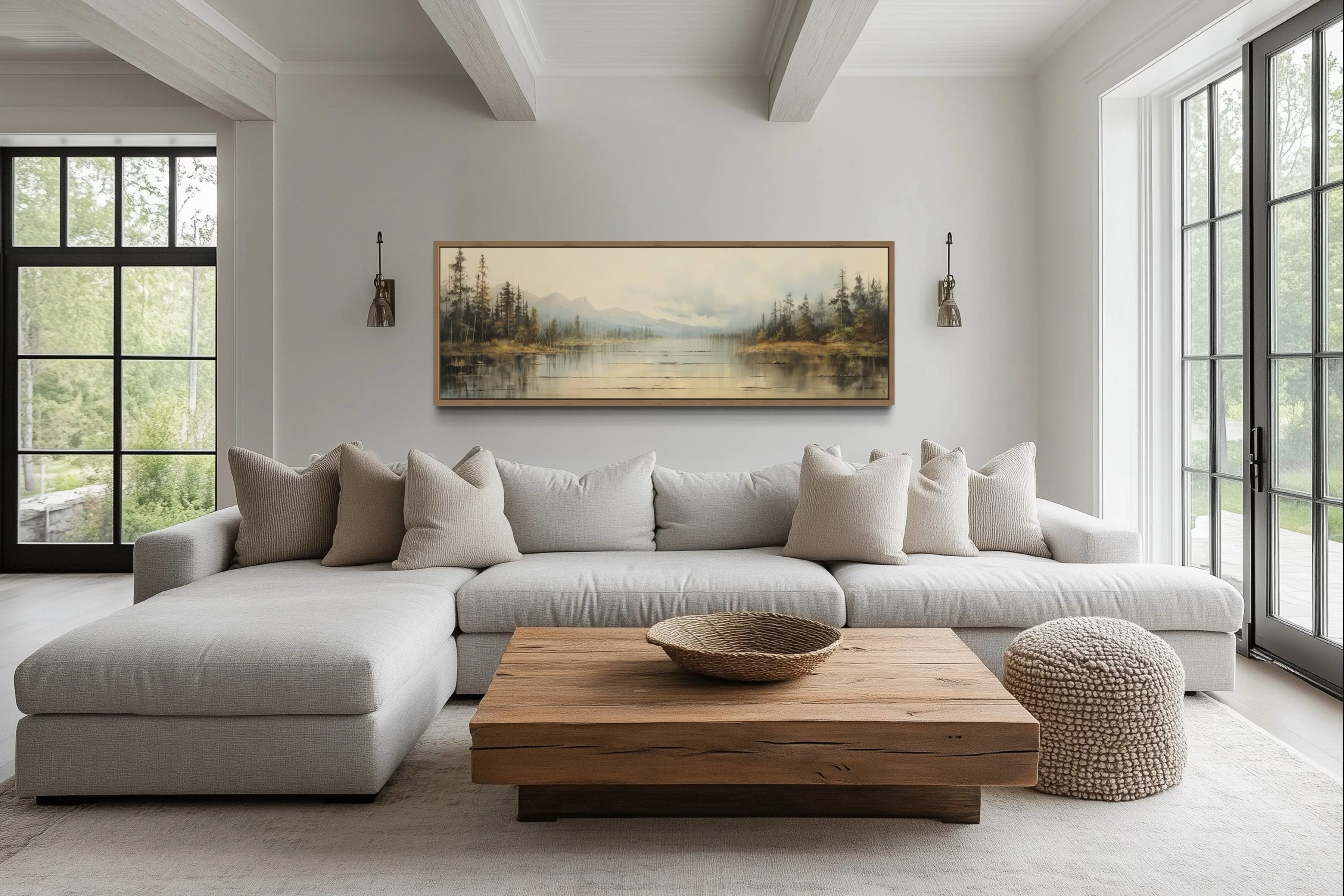 Vintage Neutral Lake Landscape Long Above Bed Horizontal Wall Art