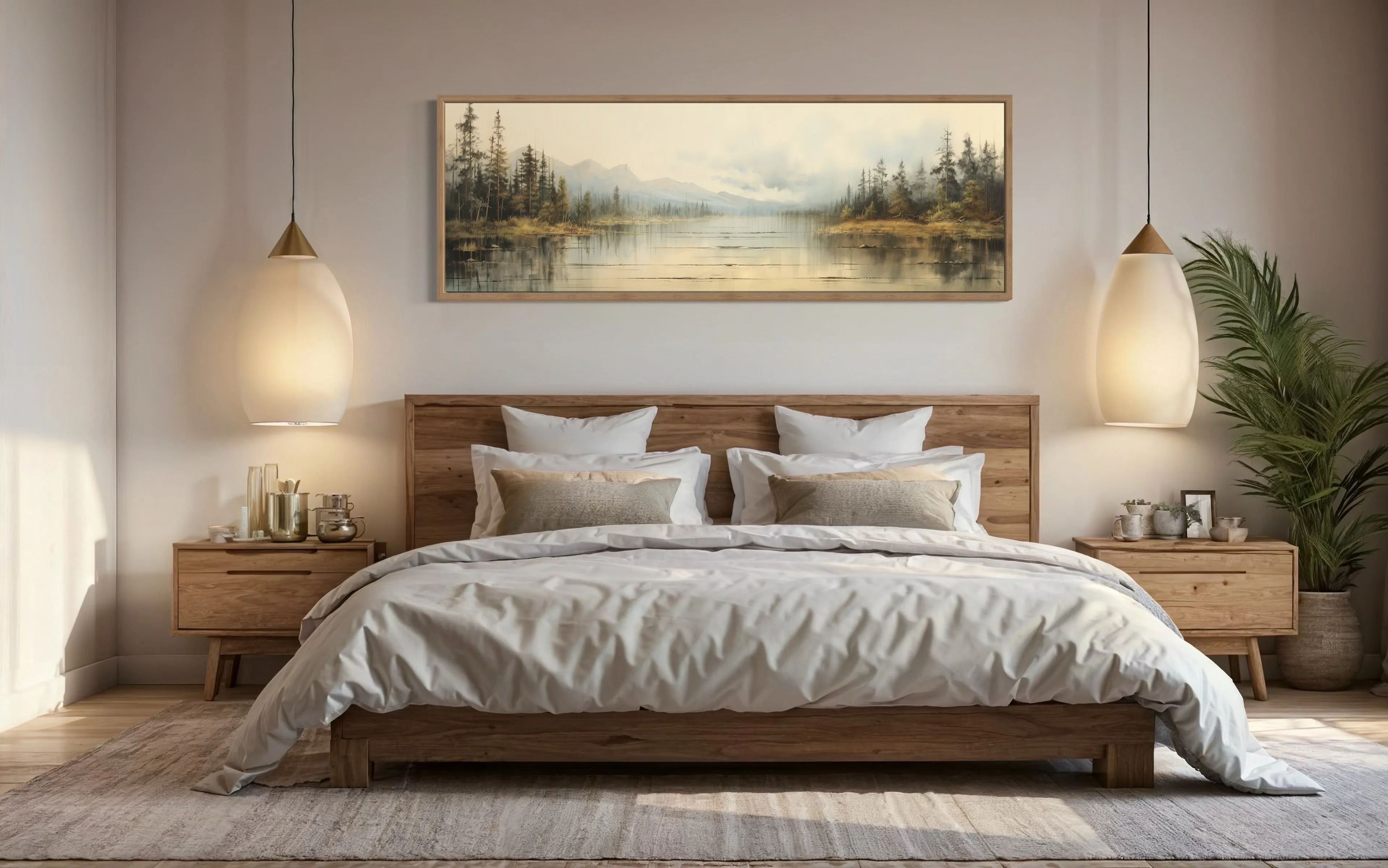 Vintage Neutral Lake Landscape Long Above Bed Horizontal Wall Art