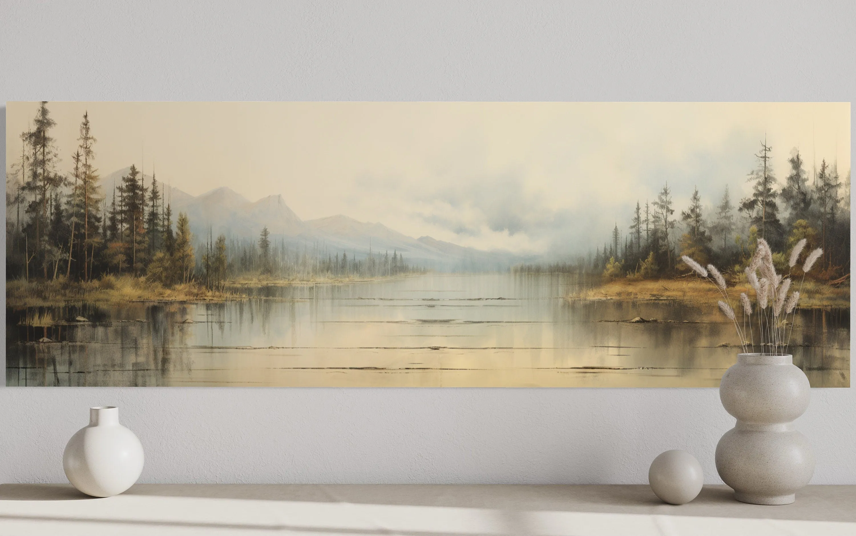 Vintage Neutral Lake Landscape Long Above Bed Horizontal Wall Art