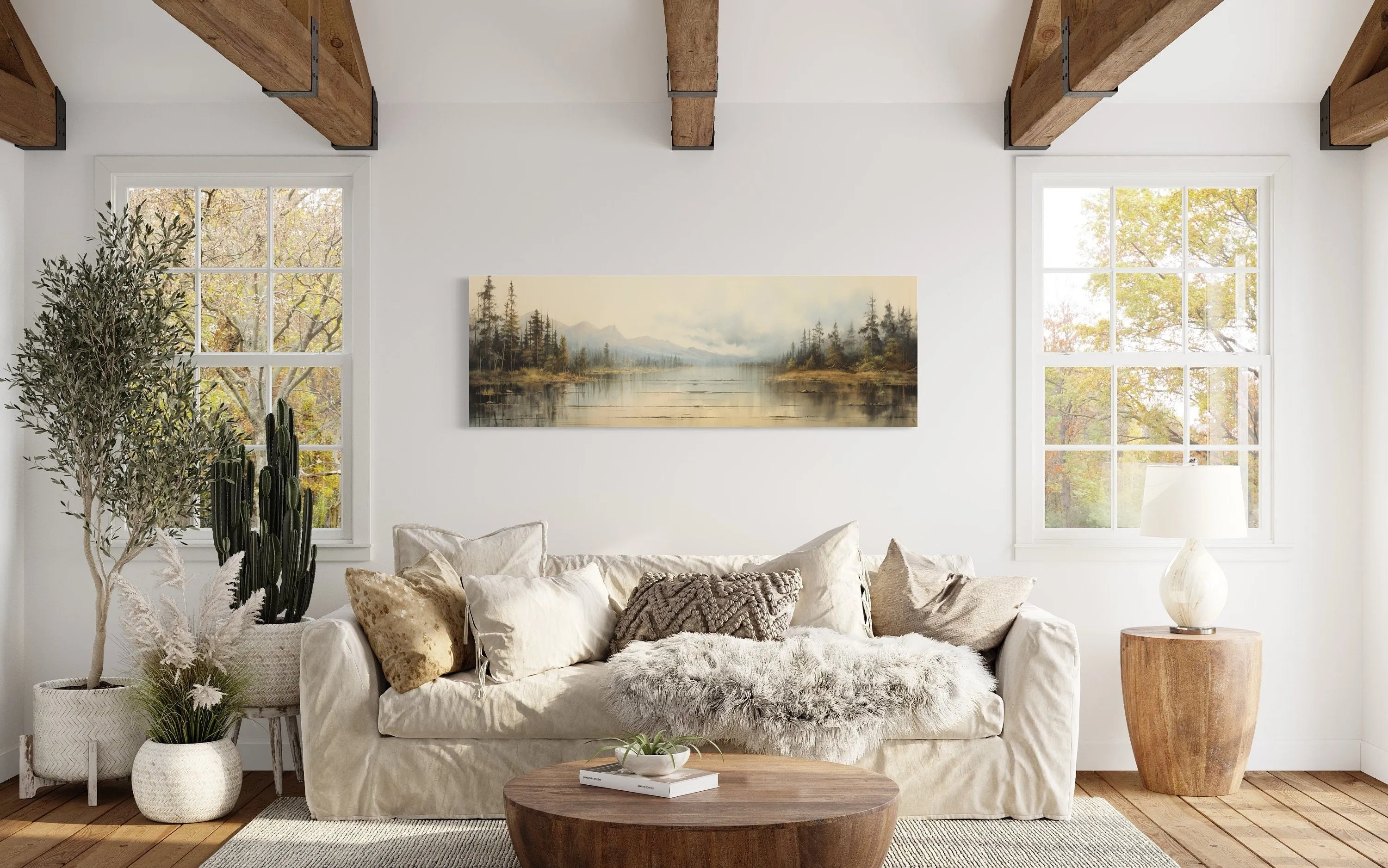 Vintage Neutral Lake Landscape Long Above Bed Horizontal Wall Art
