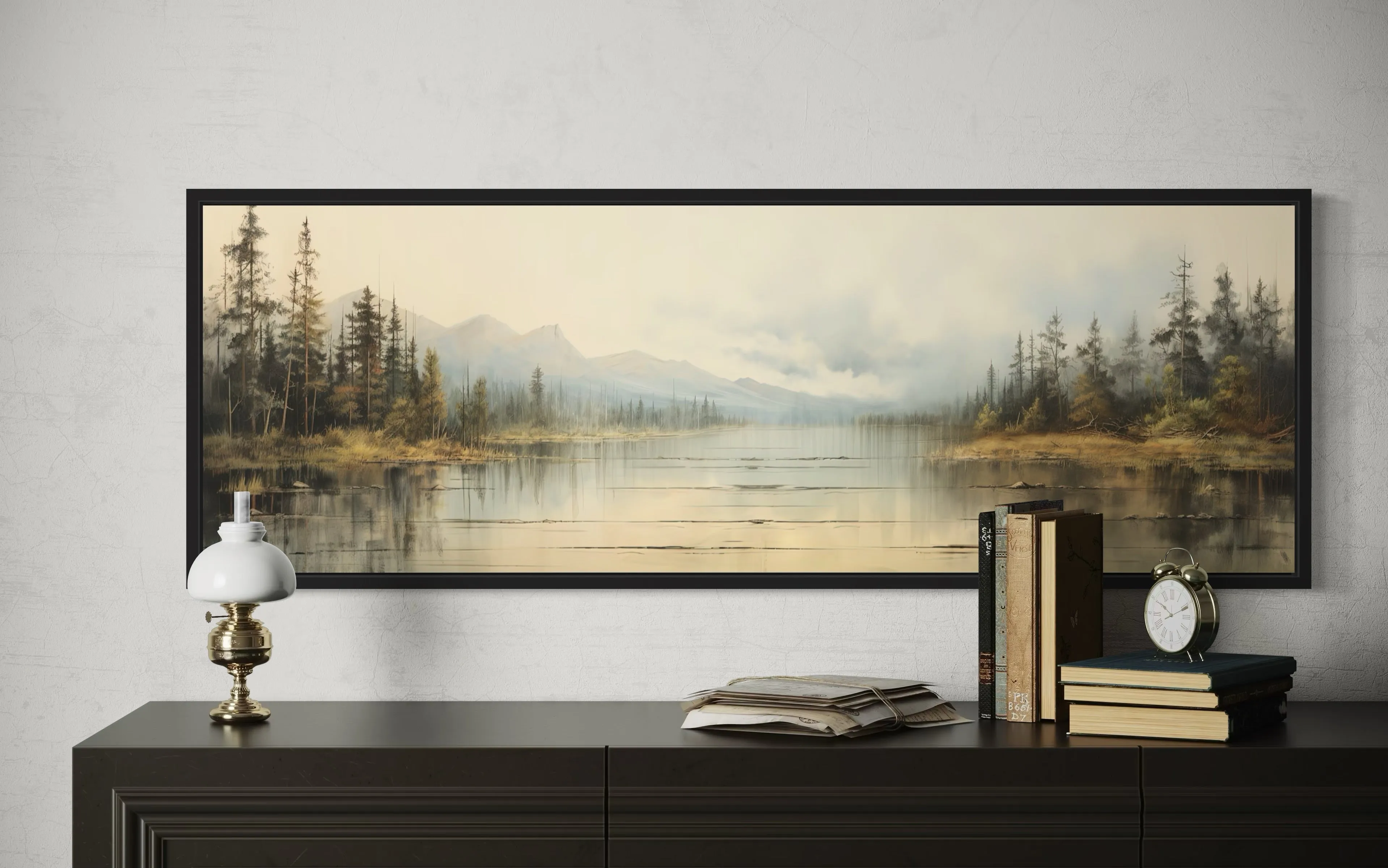 Vintage Neutral Lake Landscape Long Above Bed Horizontal Wall Art