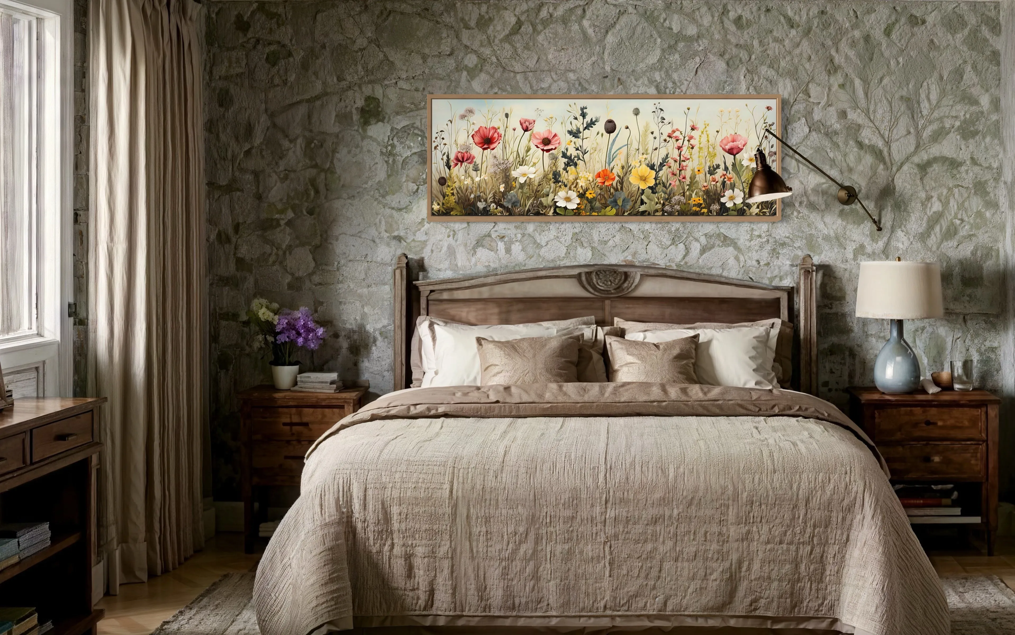 Vintage Wildflowers Field Horizontal Above Bed Framed Canvas Wall Art