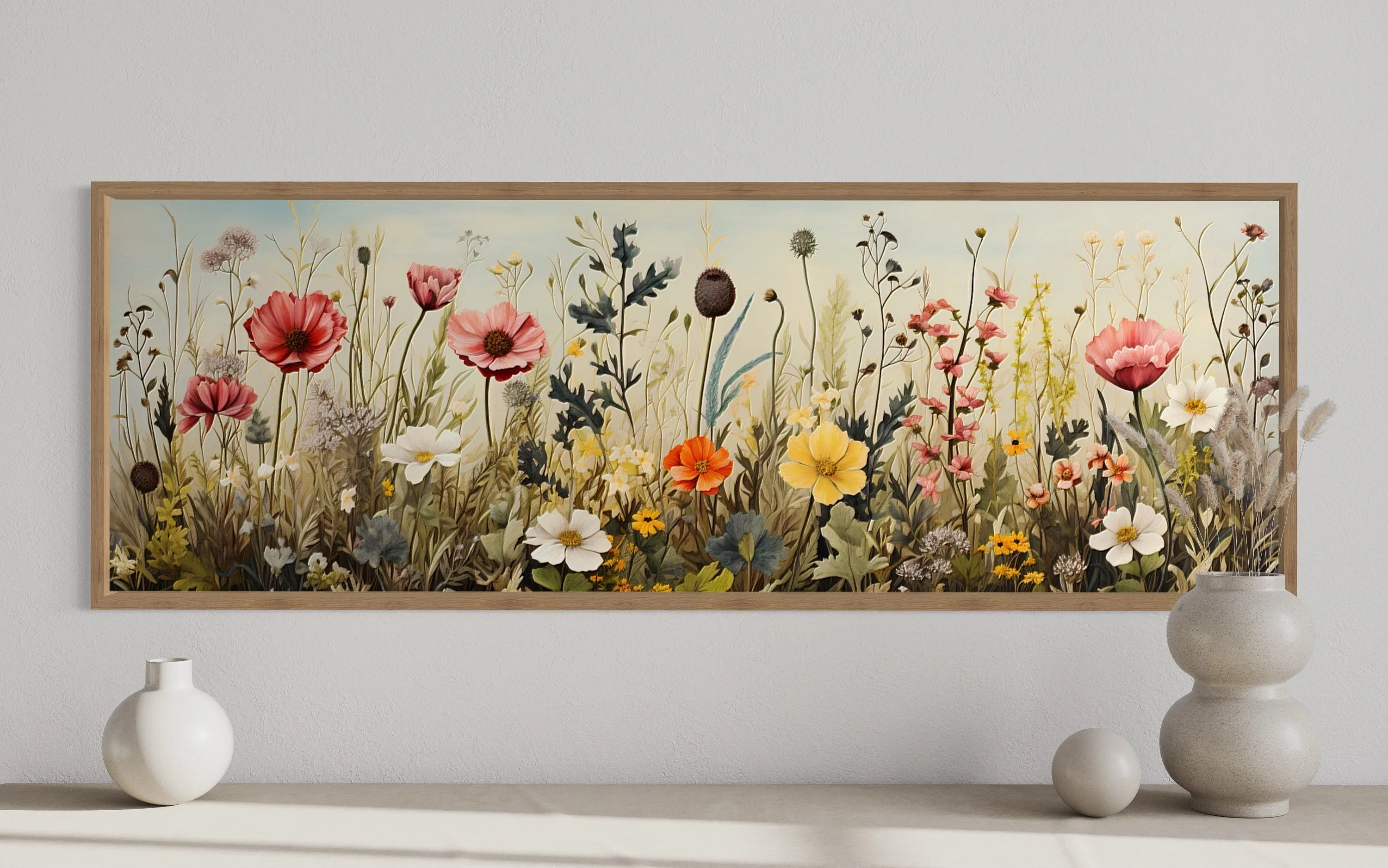 Vintage Wildflowers Field Horizontal Above Bed Framed Canvas Wall Art
