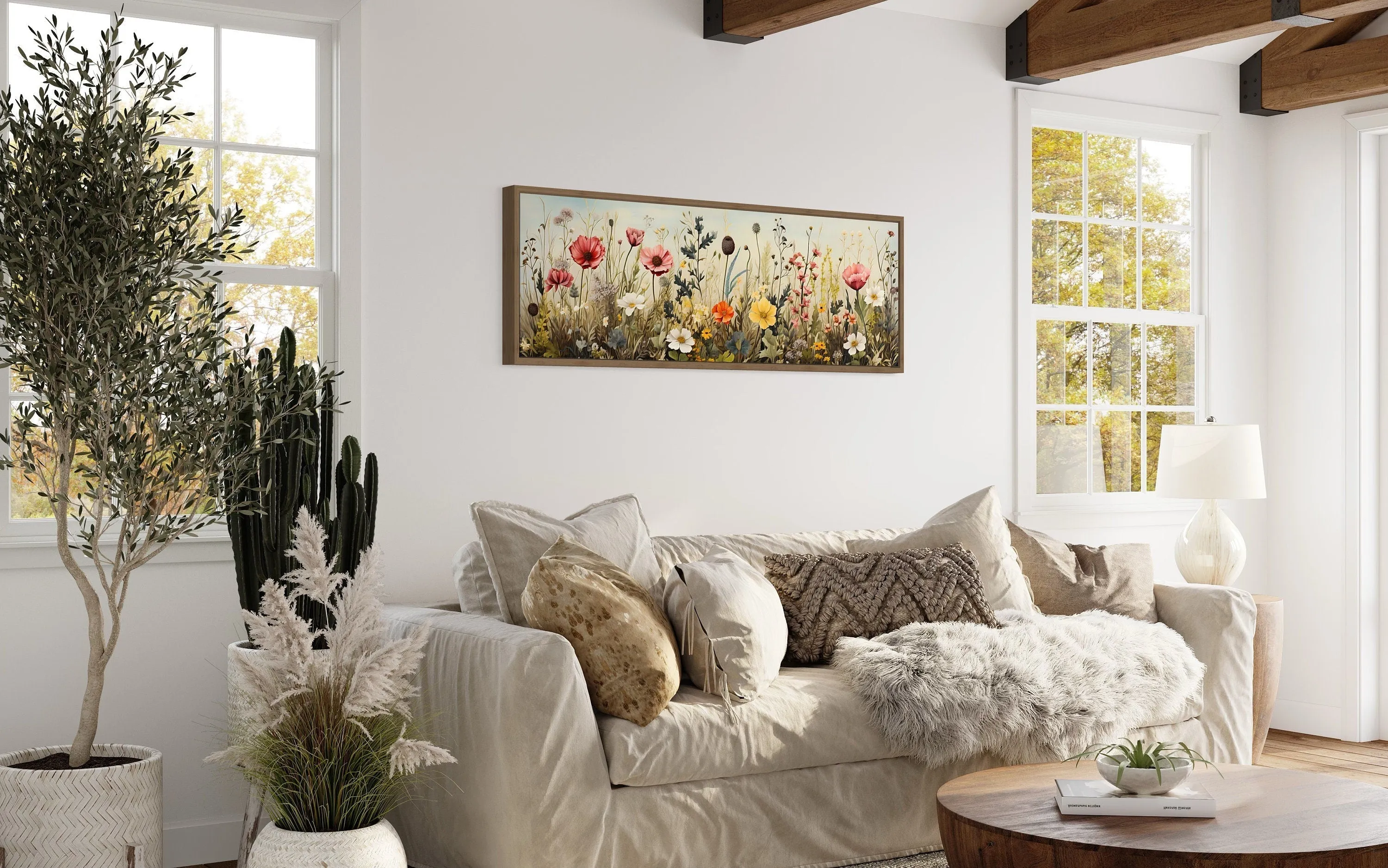Vintage Wildflowers Field Horizontal Above Bed Framed Canvas Wall Art