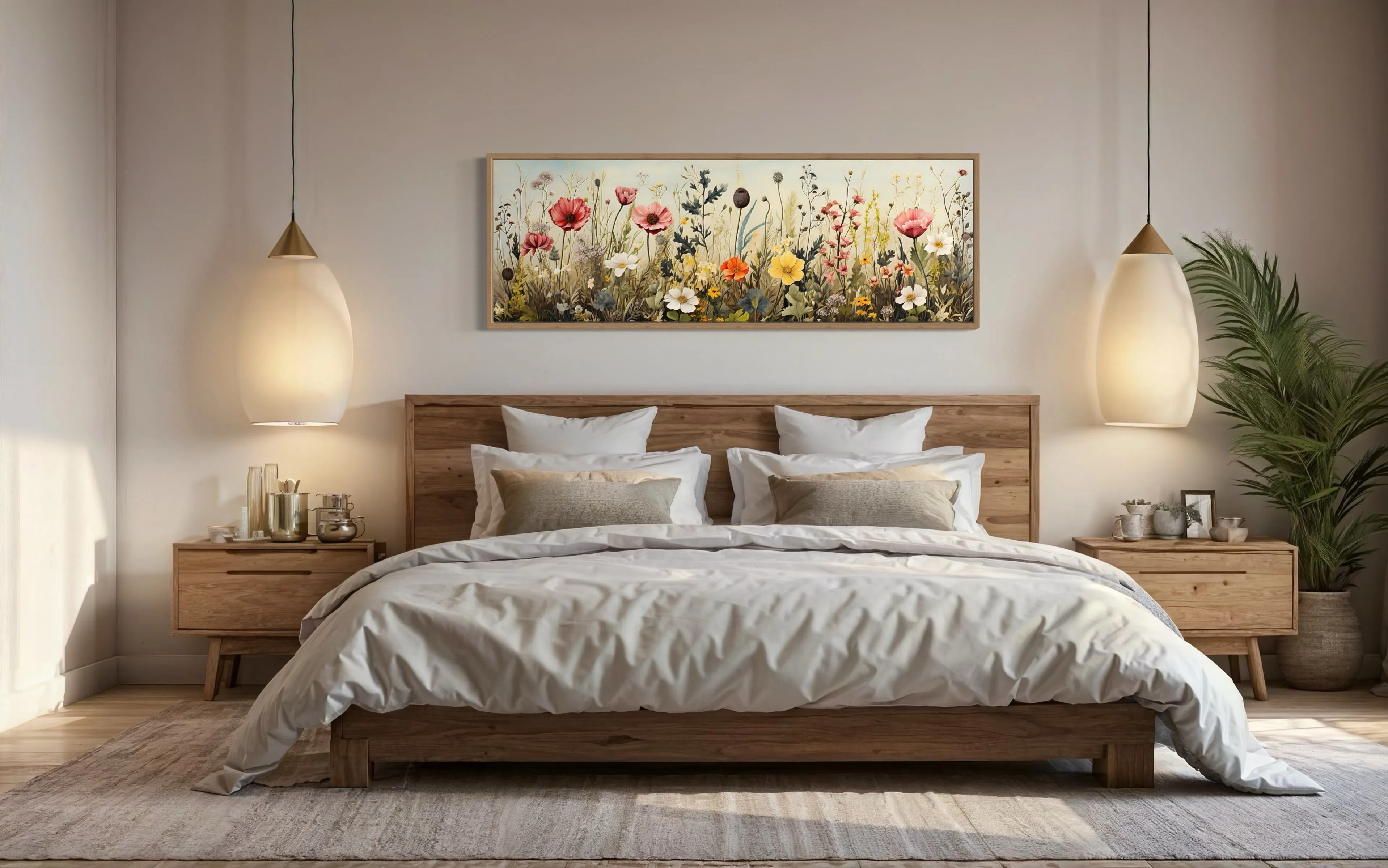 Vintage Wildflowers Field Horizontal Above Bed Framed Canvas Wall Art