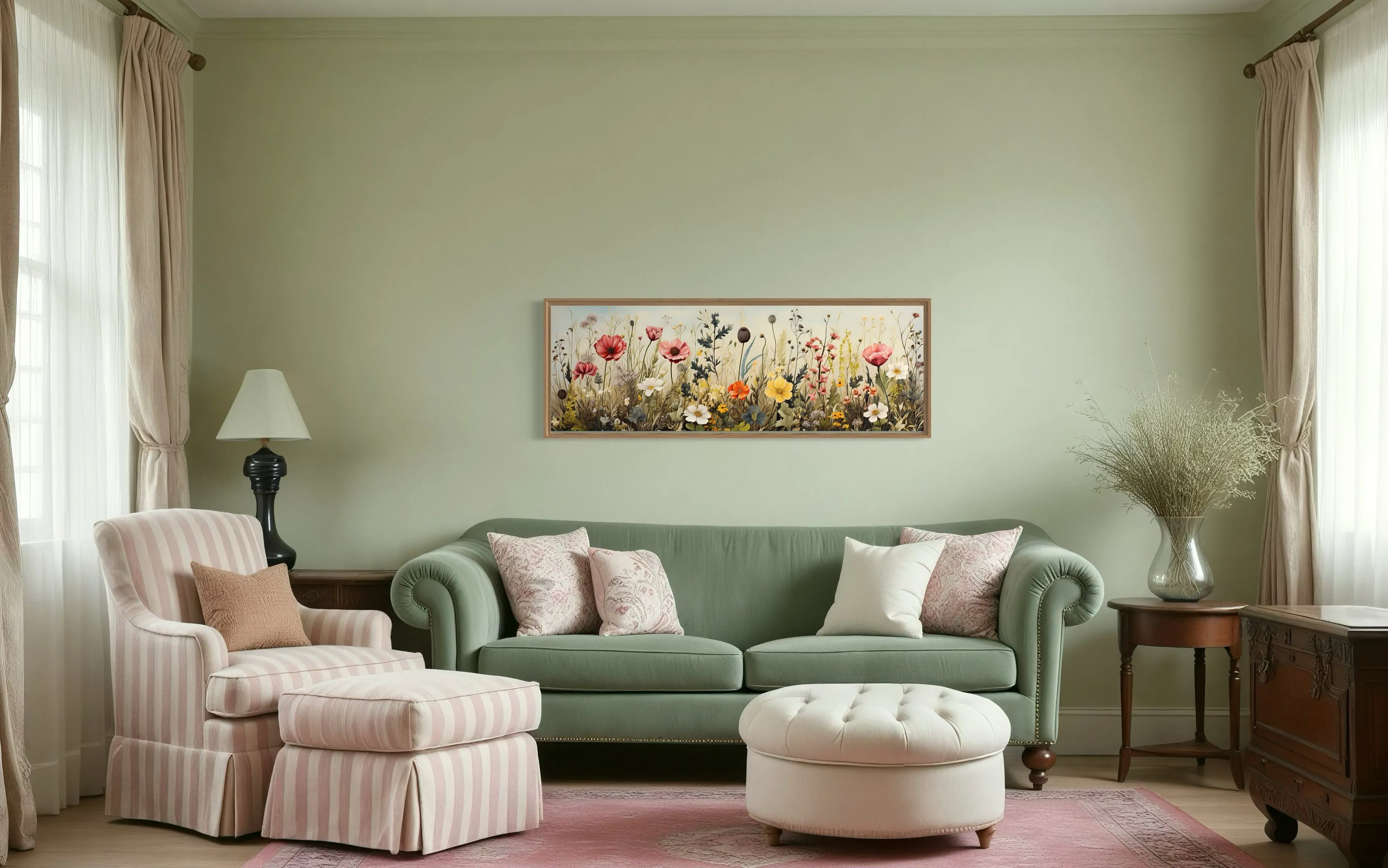 Vintage Wildflowers Field Horizontal Above Bed Framed Canvas Wall Art