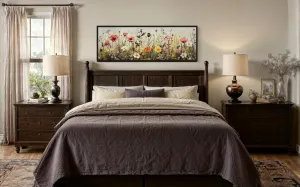 Vintage Wildflowers Field Horizontal Above Bed Framed Canvas Wall Art