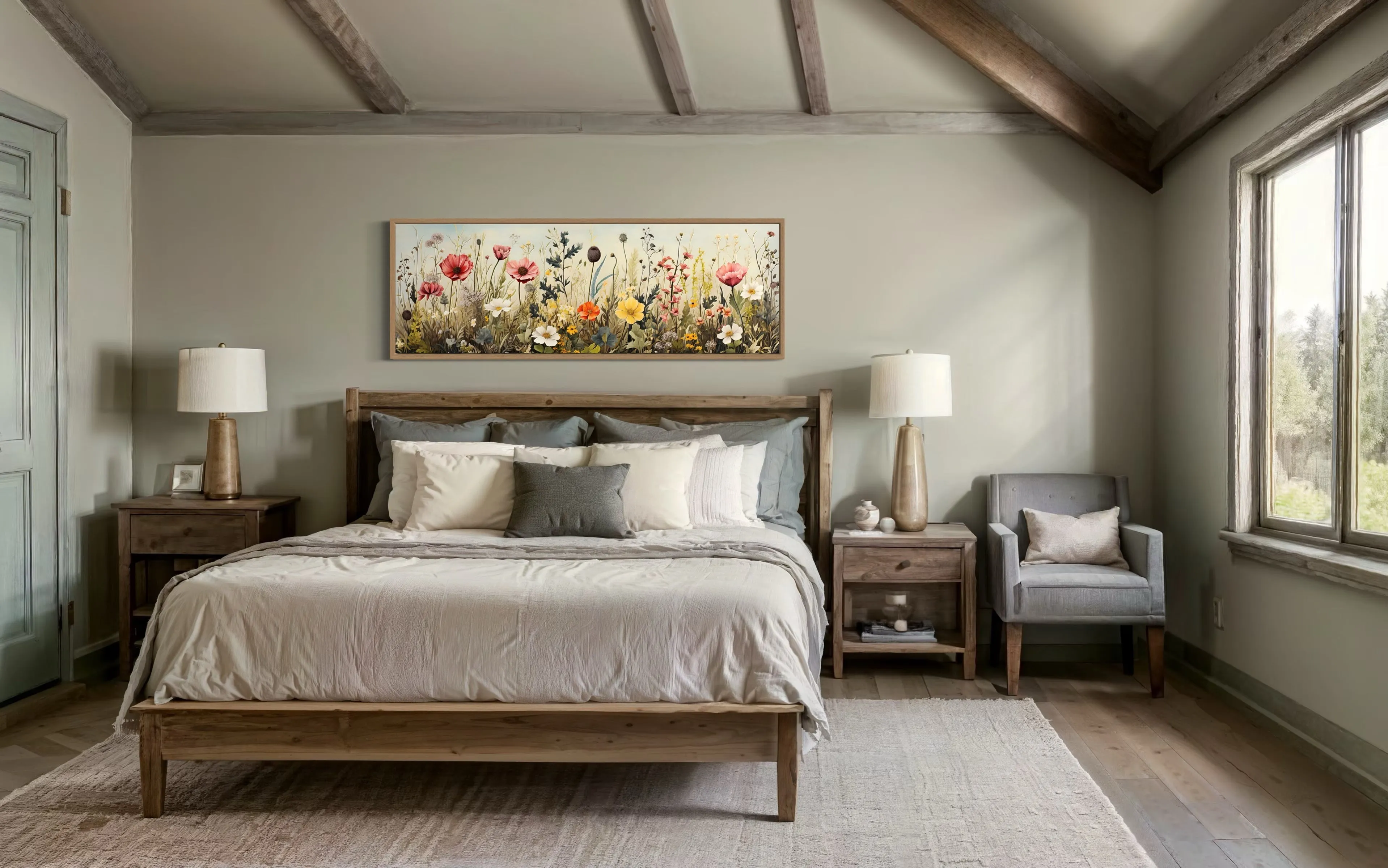 Vintage Wildflowers Field Horizontal Above Bed Framed Canvas Wall Art
