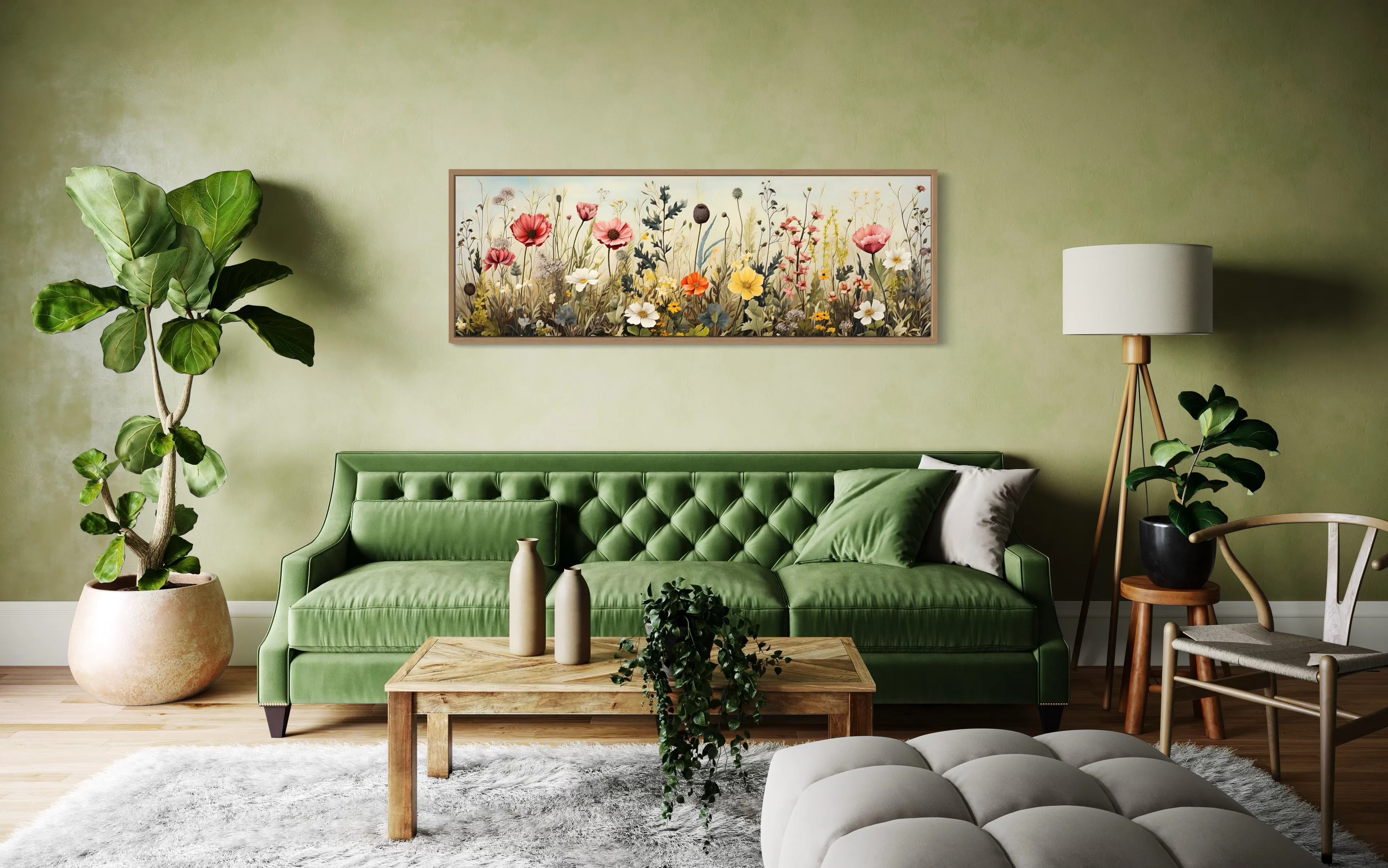 Vintage Wildflowers Field Horizontal Above Bed Framed Canvas Wall Art