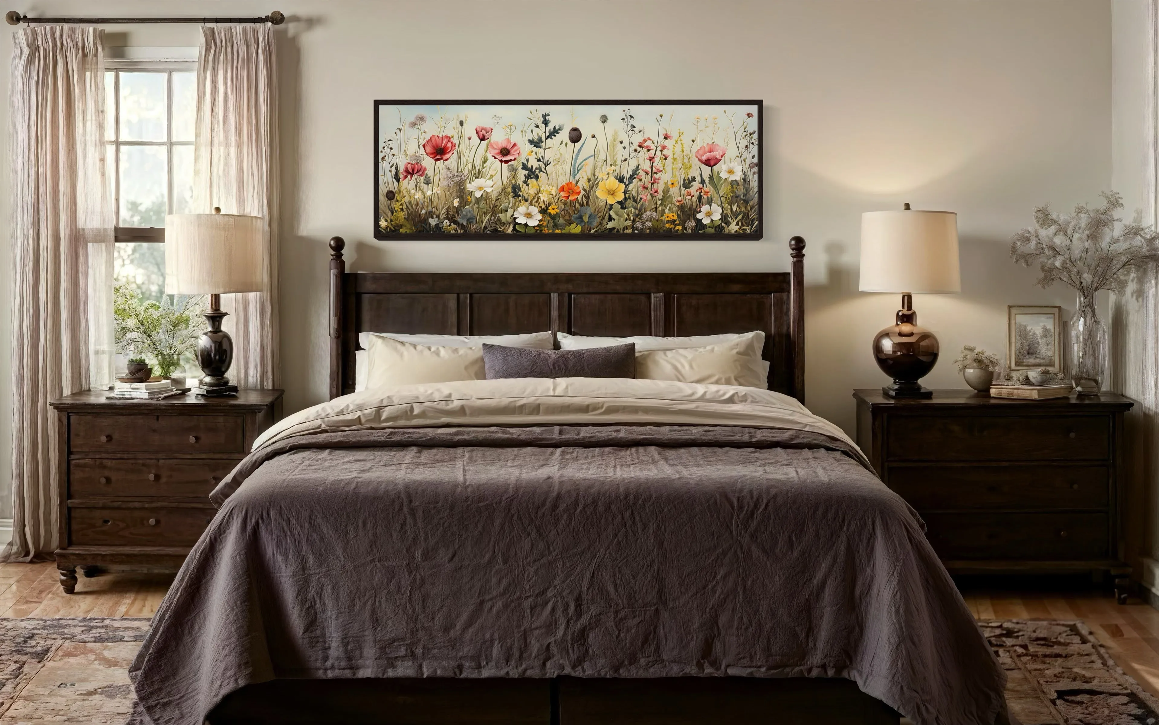 Vintage Wildflowers Field Horizontal Above Bed Framed Canvas Wall Art