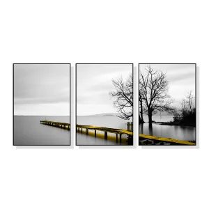 Wall Art 50cmx70cm Calm Lake Bridge Tree Scene 3 Sets Black Frame Canvas