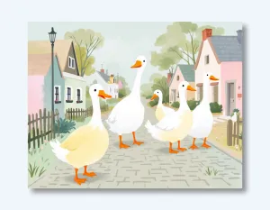 Whimsical Goose Parade Wall Art Poster