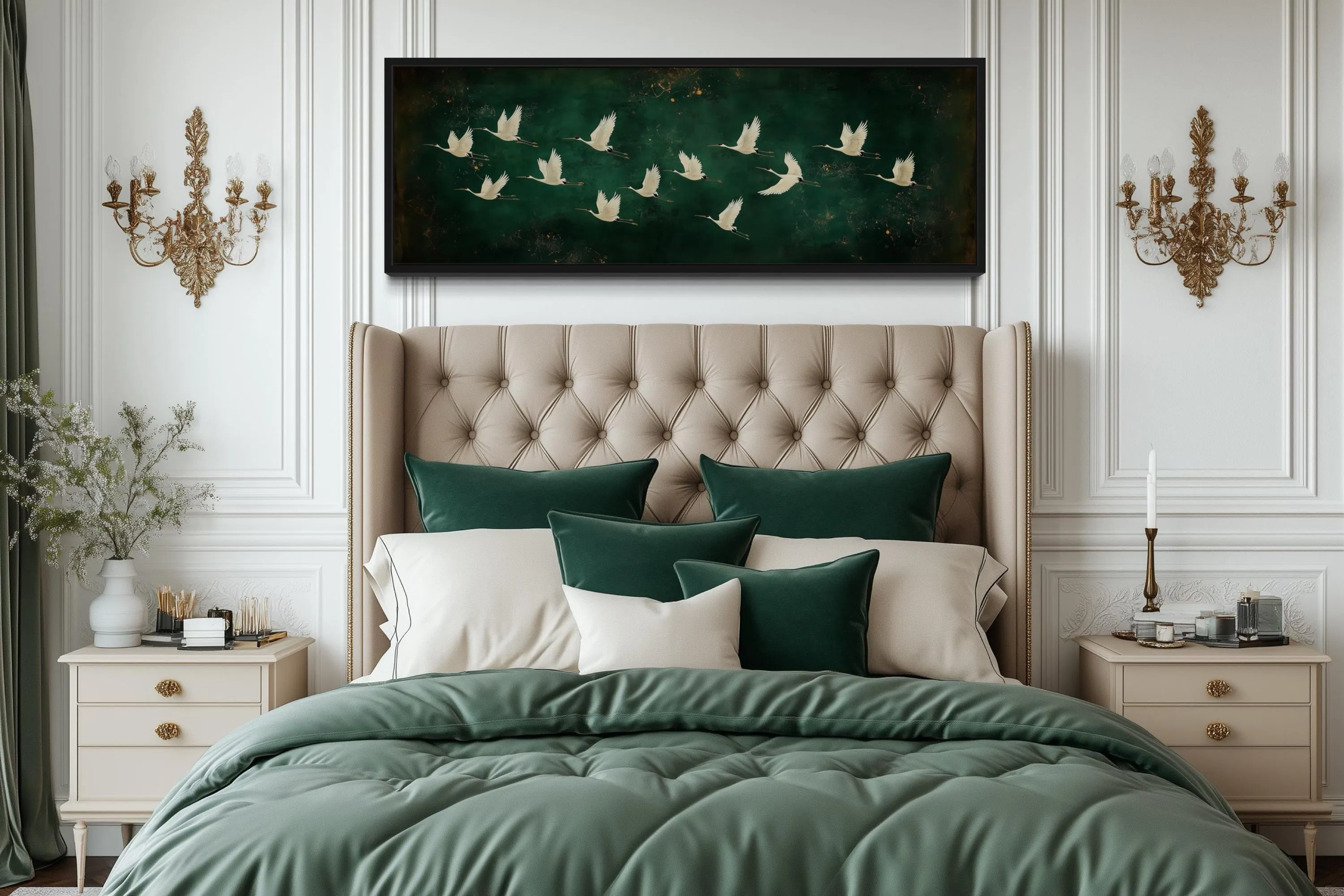 White Birds Flying Long Horizontal Emerald Green Canvas Wall Art