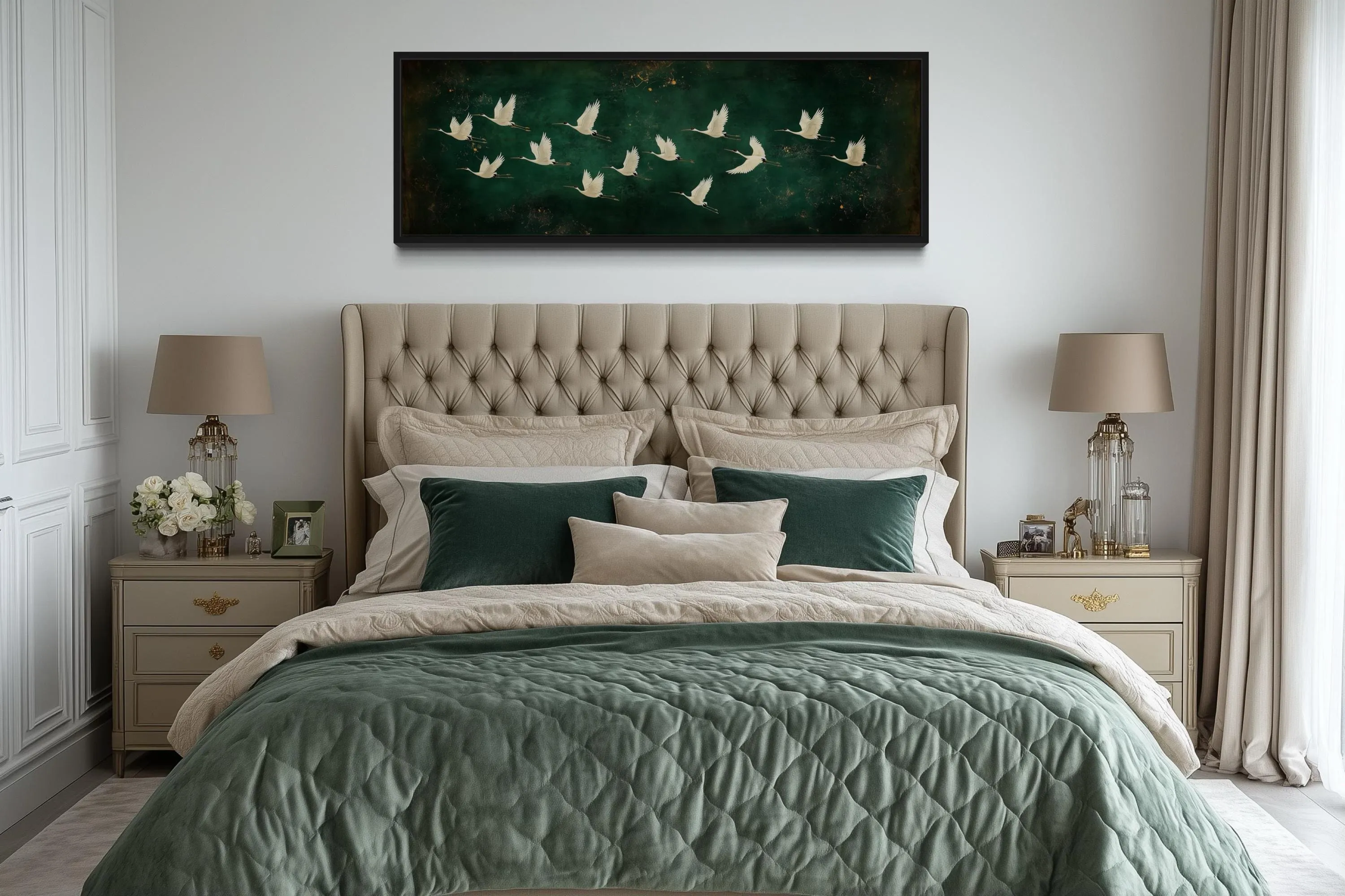 White Birds Flying Long Horizontal Emerald Green Canvas Wall Art