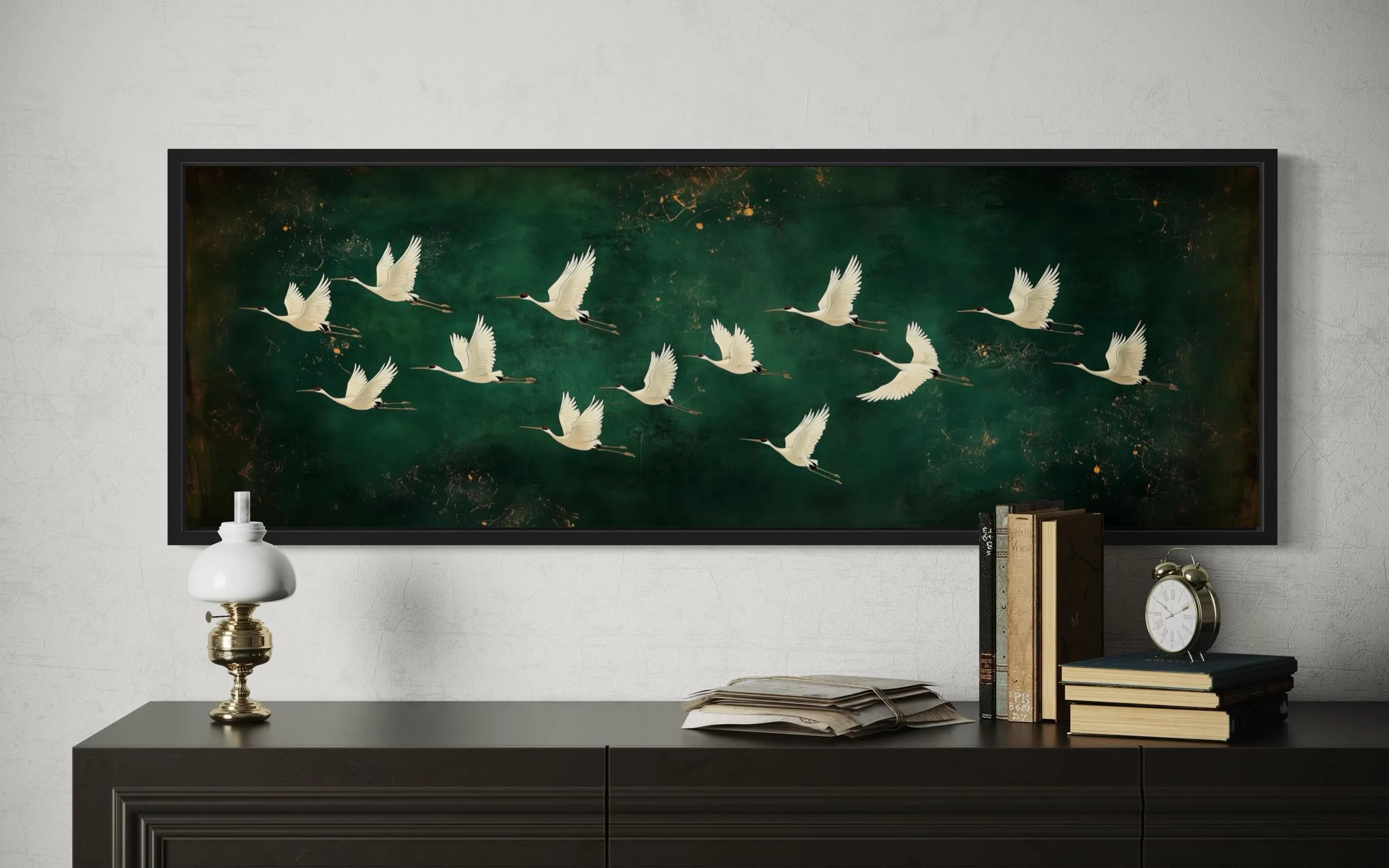 White Birds Flying Long Horizontal Emerald Green Canvas Wall Art
