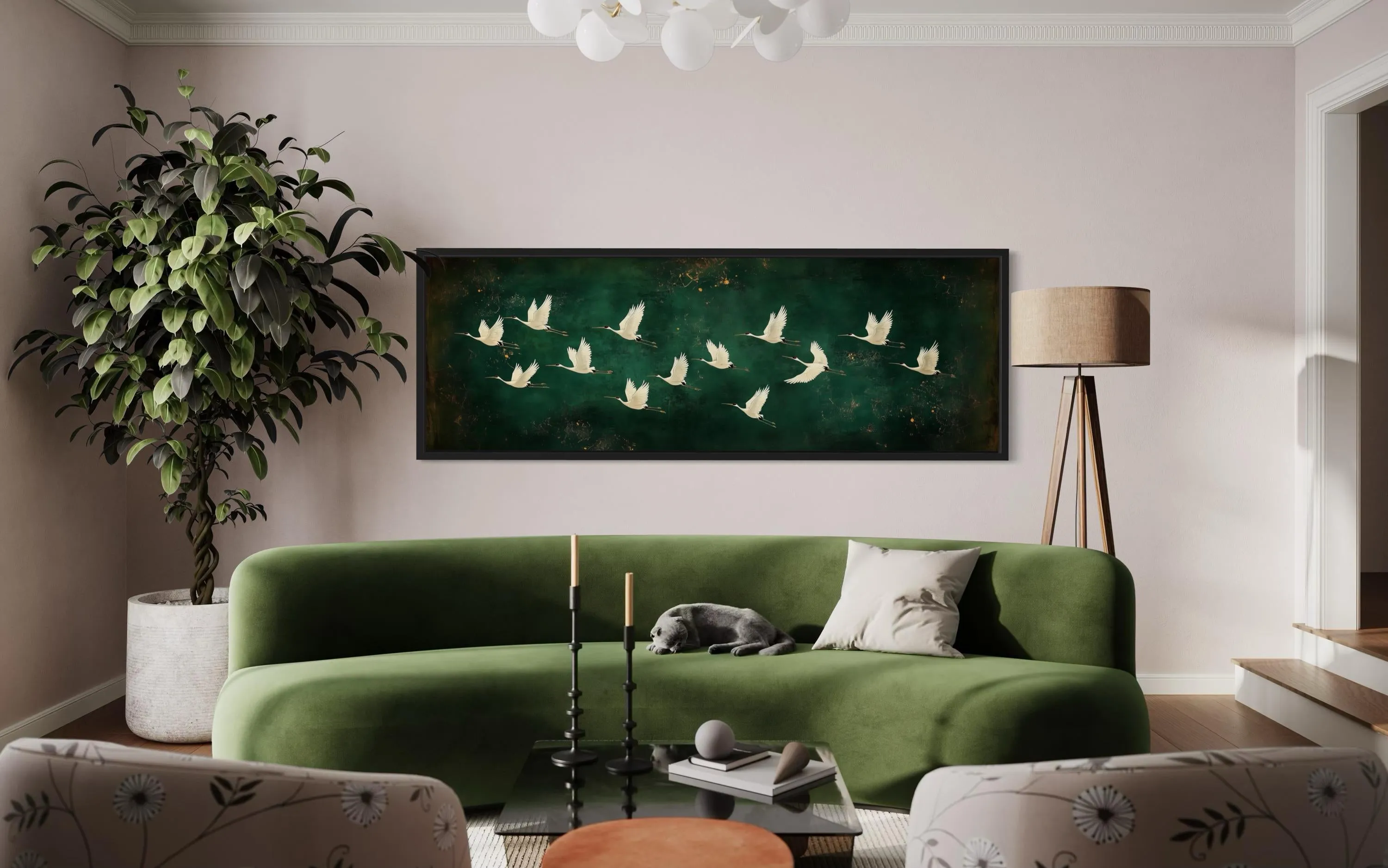 White Birds Flying Long Horizontal Emerald Green Canvas Wall Art