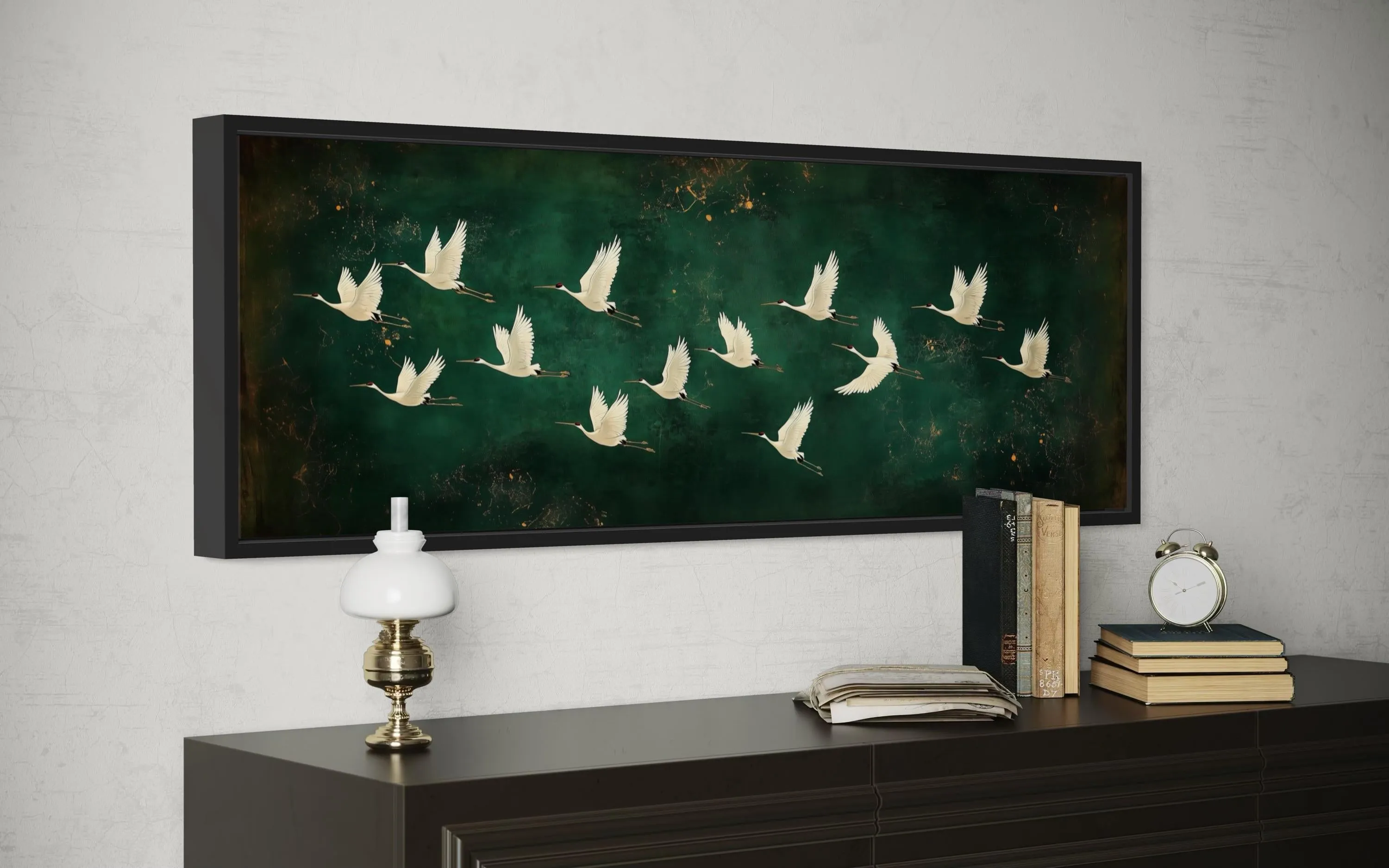 White Birds Flying Long Horizontal Emerald Green Canvas Wall Art