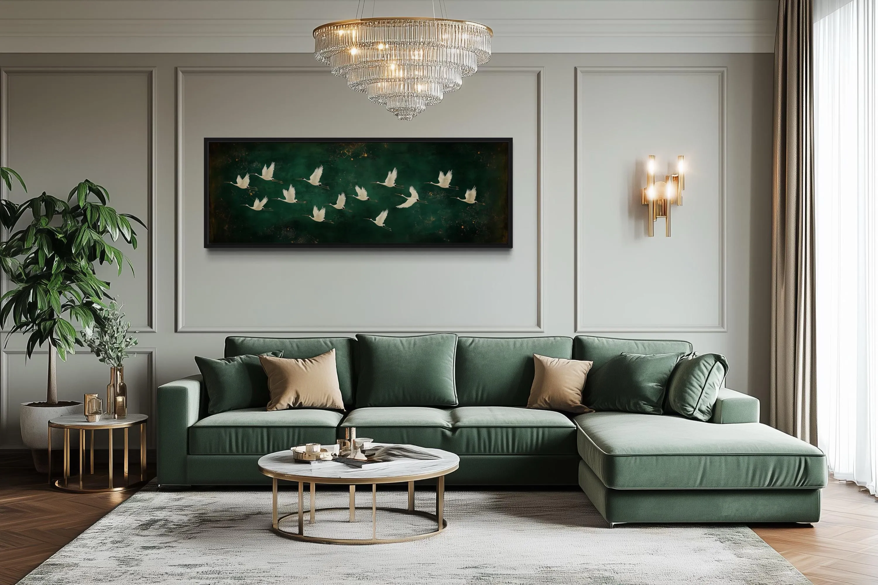 White Birds Flying Long Horizontal Emerald Green Canvas Wall Art