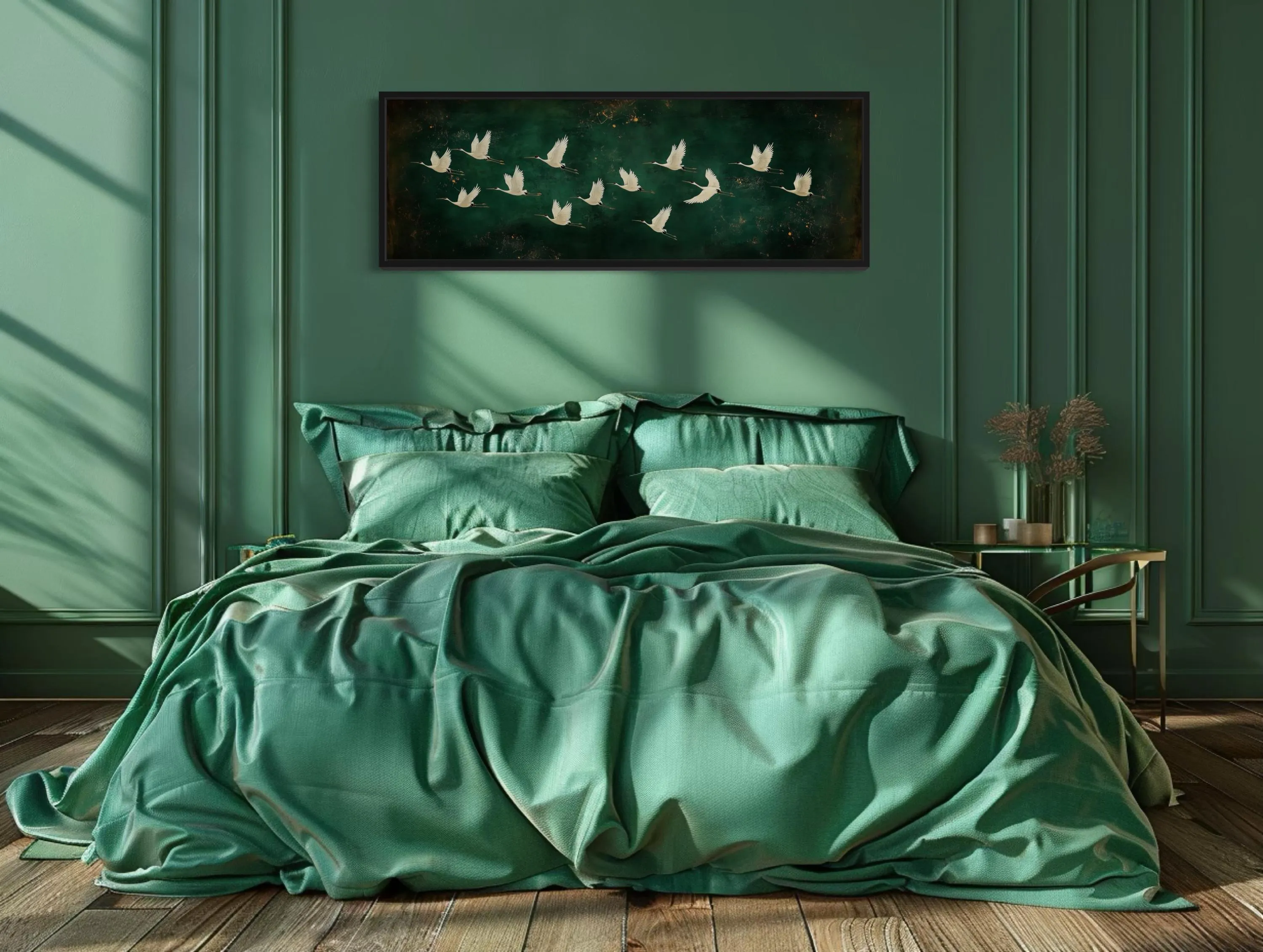 White Birds Flying Long Horizontal Emerald Green Canvas Wall Art
