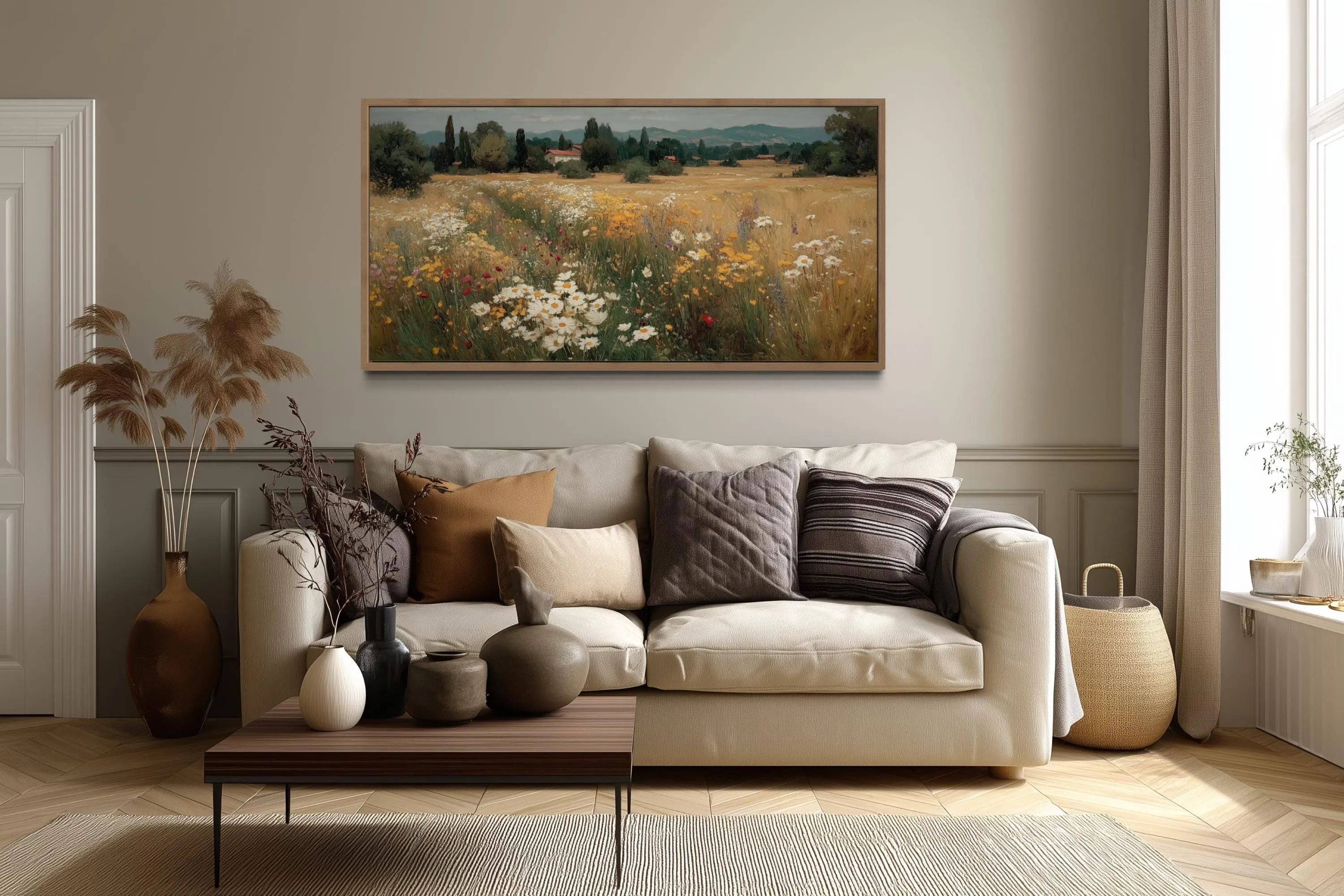 Wildflower Field Landscape Framed Canvas Wall Art