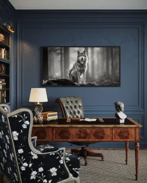 Wolf In The Forest Black White Photography Framed Canvas Wall Art