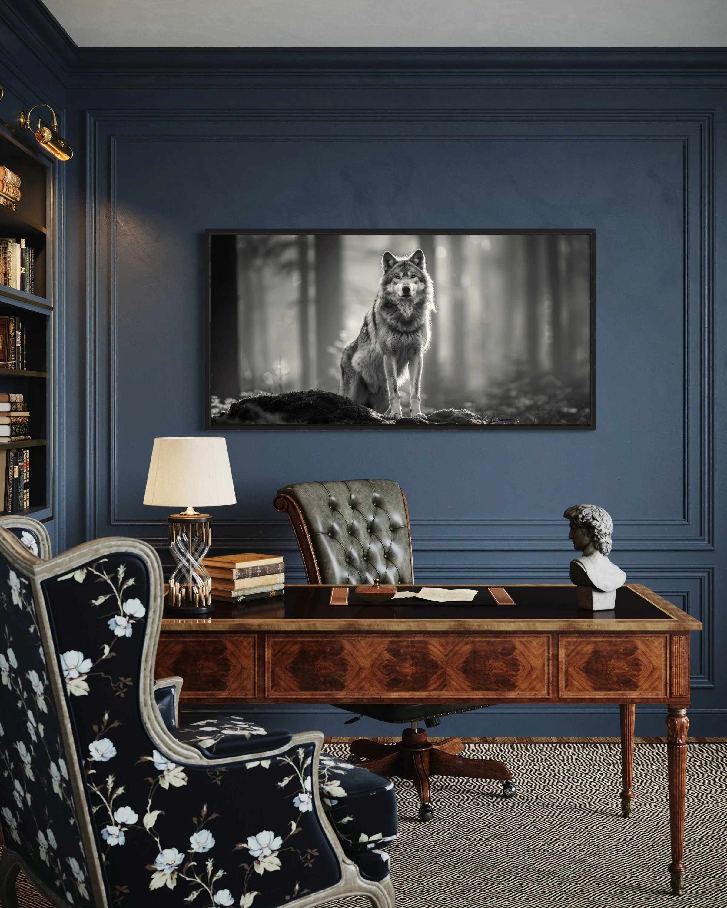 Wolf In The Forest Black White Photography Framed Canvas Wall Art