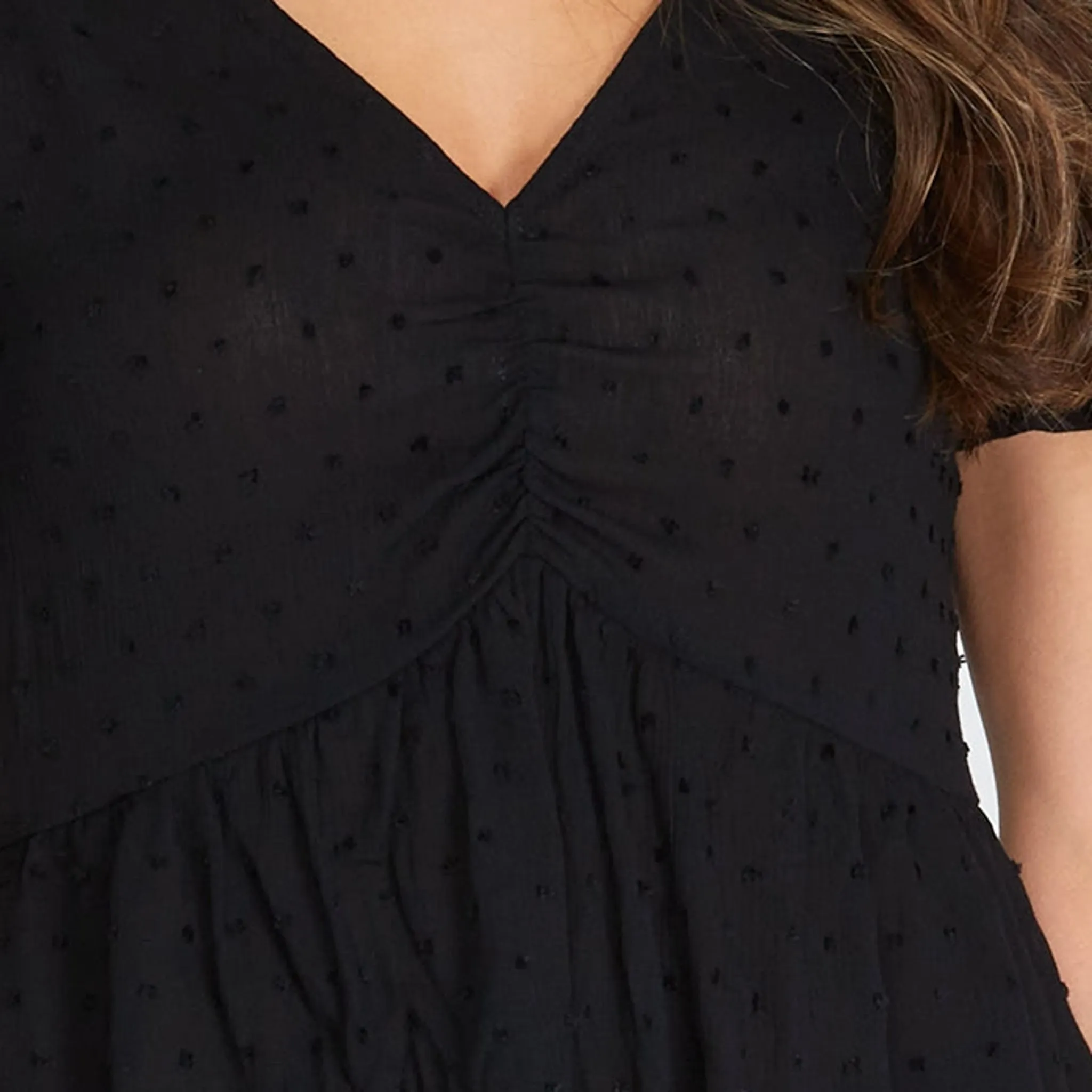 Women's Black Ruched V-Neck Blouse with Swiss Dot Detail
