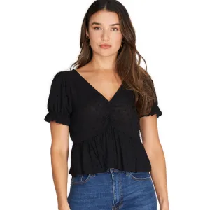 Women's Black Ruched V-Neck Blouse with Swiss Dot Detail