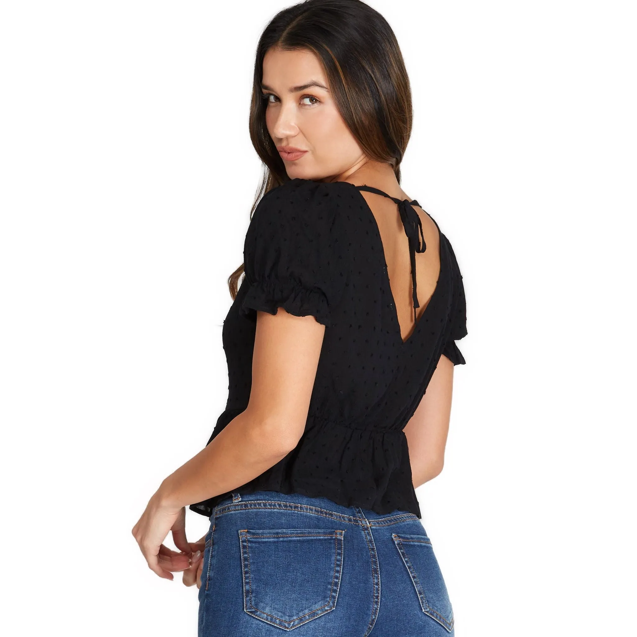 Women's Black Ruched V-Neck Blouse with Swiss Dot Detail