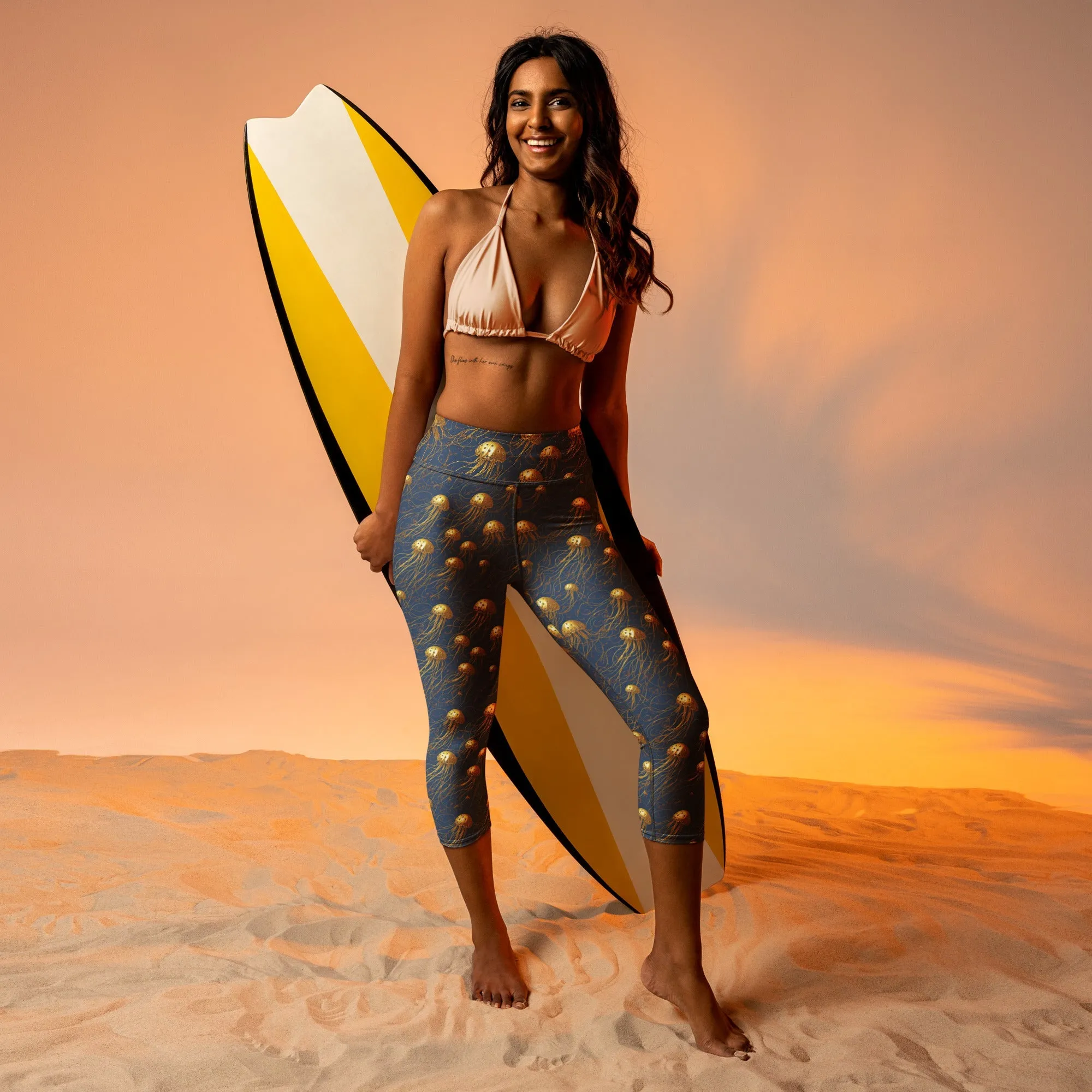Yoga Capri Leggings Blue and Gold Jellyfishes