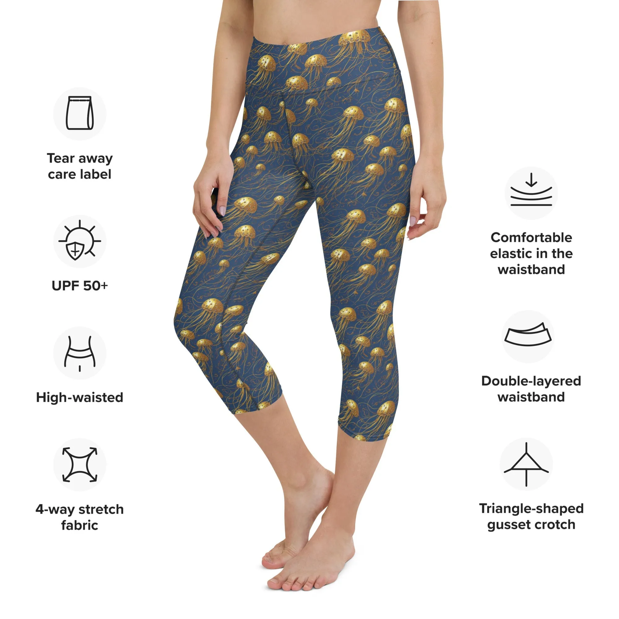 Yoga Capri Leggings Blue and Gold Jellyfishes